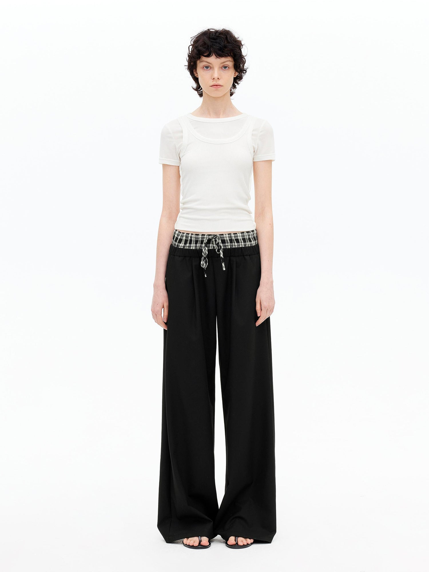 AFTADAWN Tencel Lightweight Checkered Paneled Drawstring Trousers