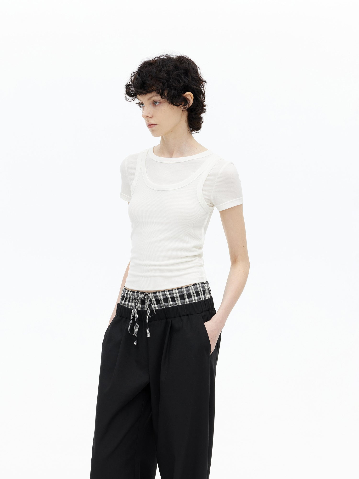 AFTADAWN Tencel Wool Blend Asymmetrical Layered Short Sleeve Top