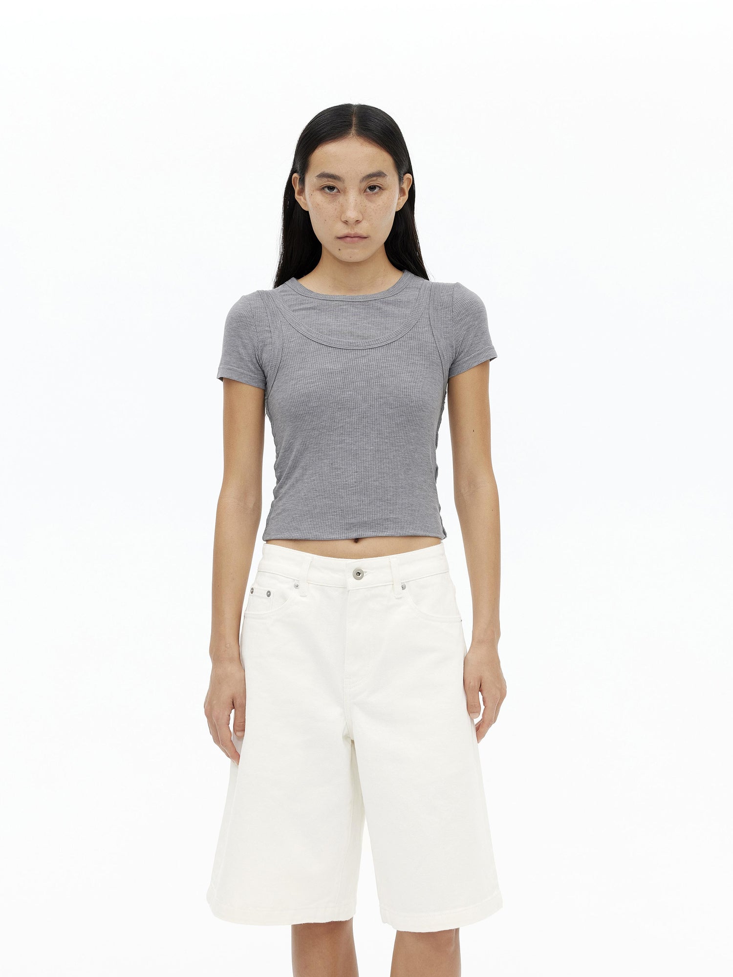 AFTADAWN Tencel Wool Blend Asymmetrical Layered Short Sleeve Top