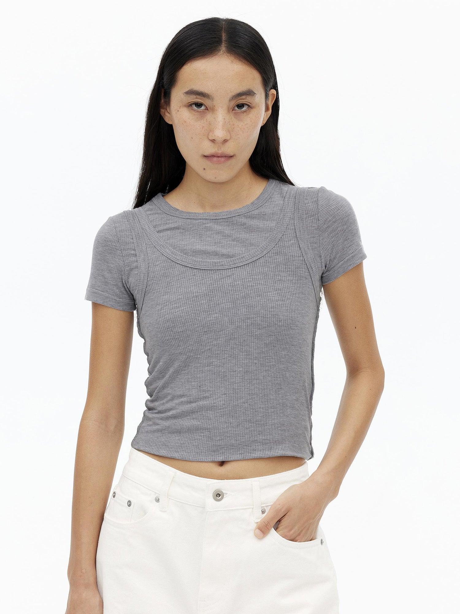 AFTADAWN Tencel Wool Blend Asymmetrical Layered Short Sleeve Top