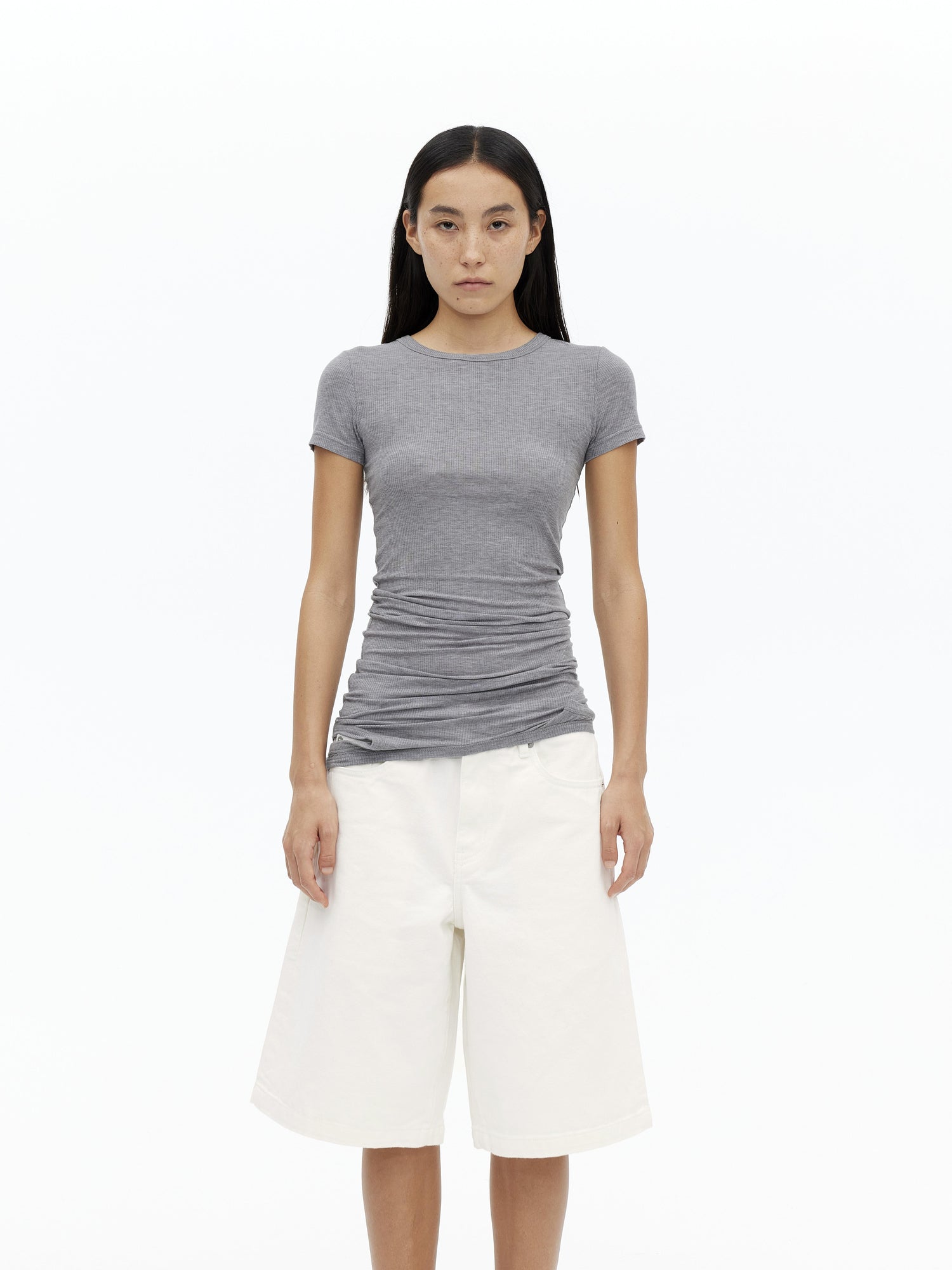 AFTADAWN Tencel Wool Blend Asymmetrical Layered Short Sleeve Top