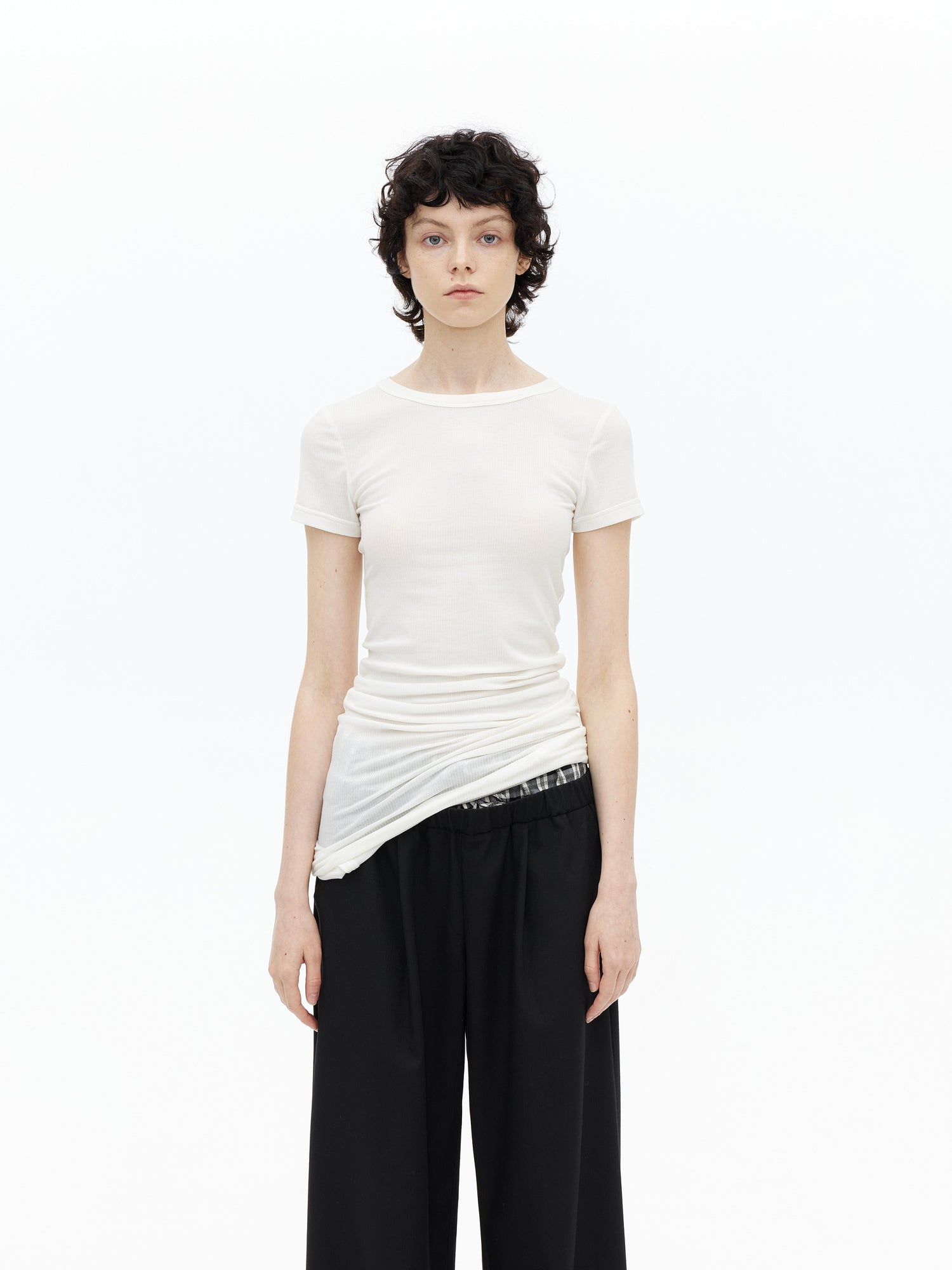 AFTADAWN Tencel Wool Blend Asymmetrical Layered Short Sleeve Top