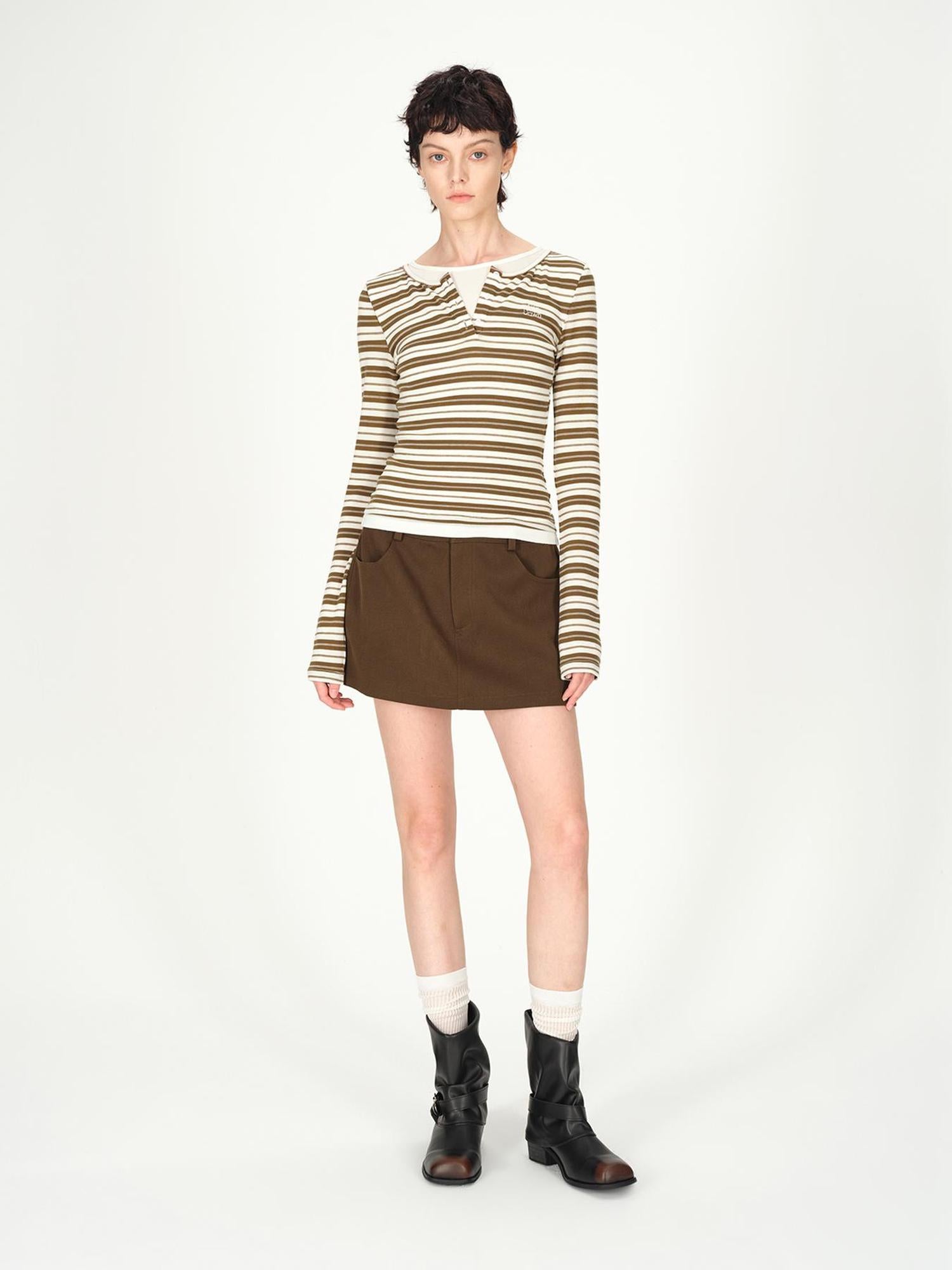 AFTADAWN Tencel Wool Henley Stripe Long Sleeve Top Brown Grey