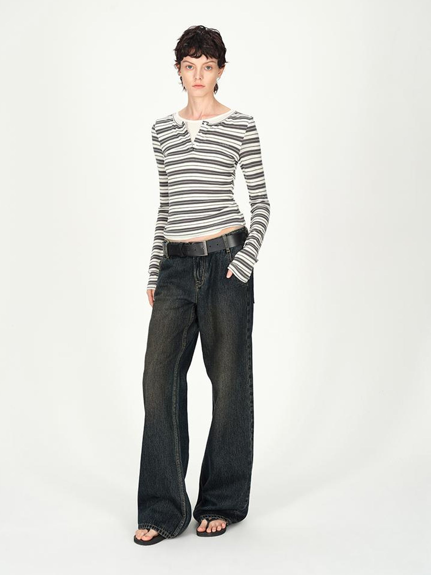 AFTADAWN Tencel Wool Henley Stripe Long Sleeve Top Brown Grey