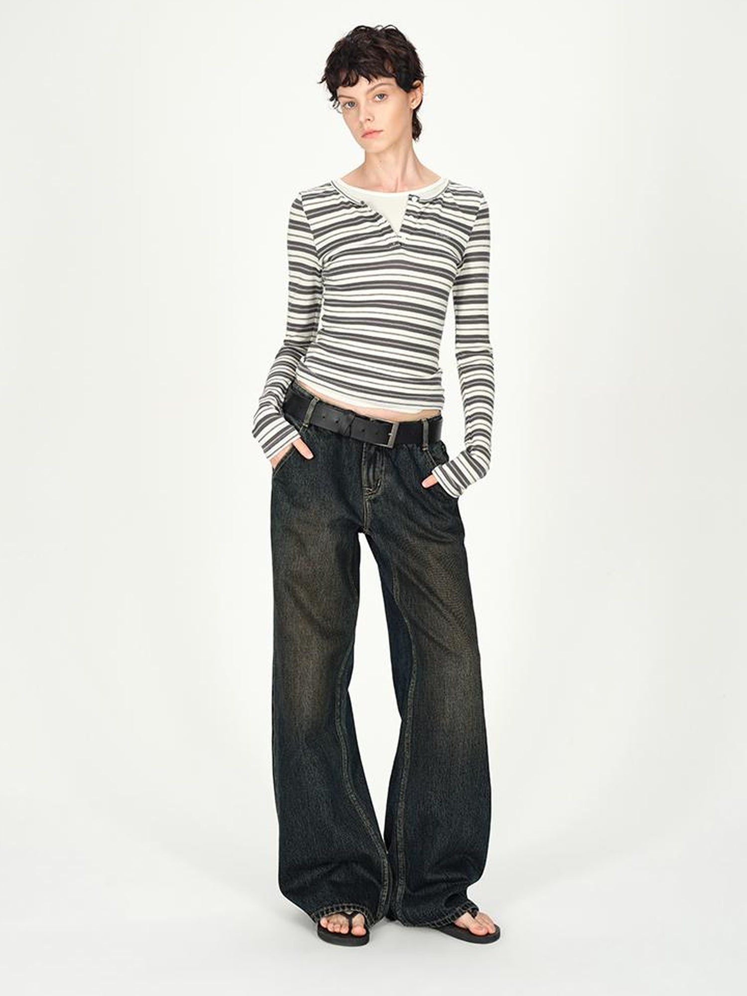 AFTADAWN Tencel Wool Henley Stripe Long Sleeve Top Brown Grey