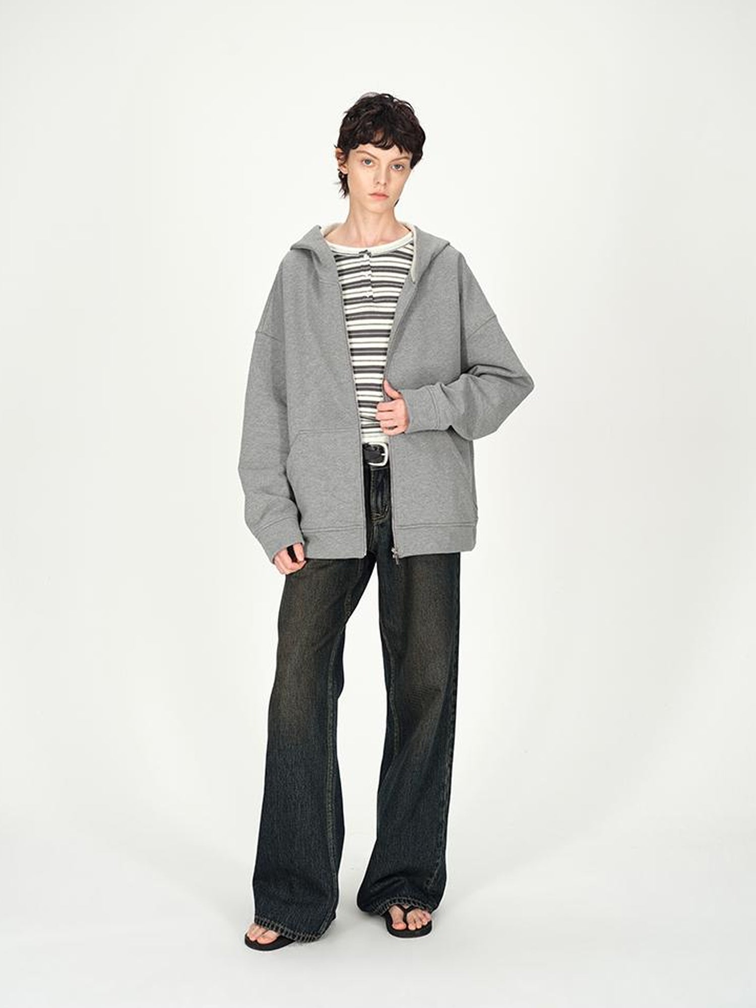 AFTADAWN Tencel Wool Henley Stripe Long Sleeve Top Brown Grey