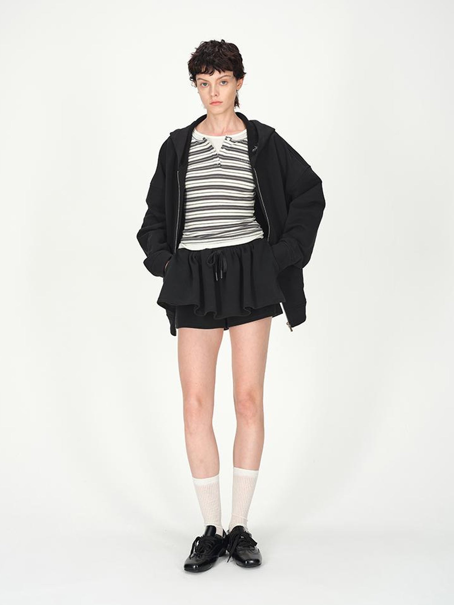 AFTADAWN Tencel Wool Henley Stripe Long Sleeve Top Brown Grey