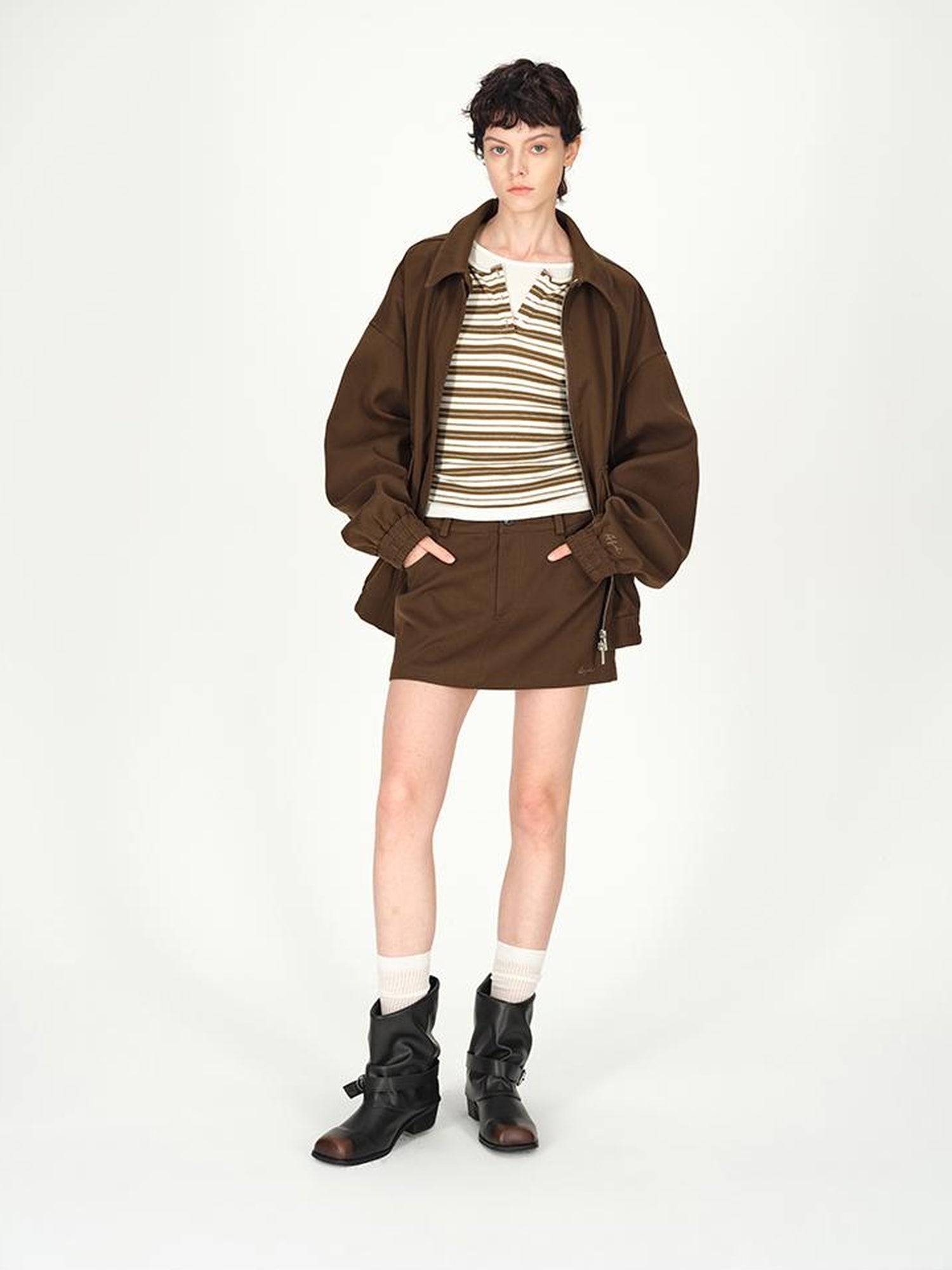 AFTADAWN Tencel Wool Henley Stripe Long Sleeve Top Brown Grey