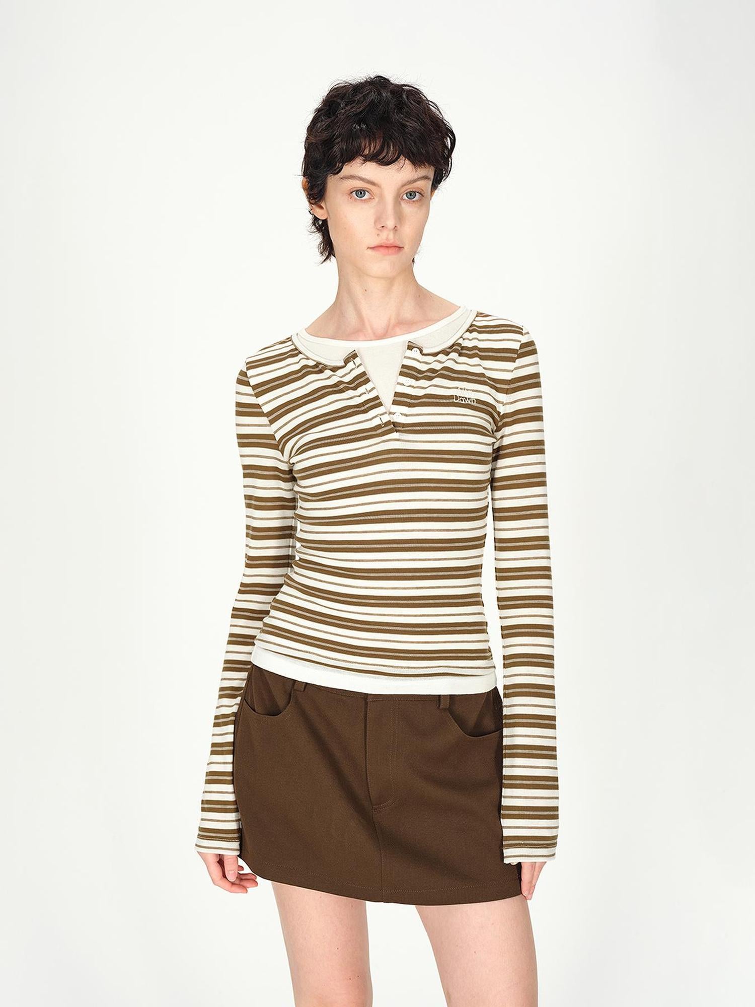 AFTADAWN Tencel Wool Henley Stripe Long Sleeve Top Brown Grey