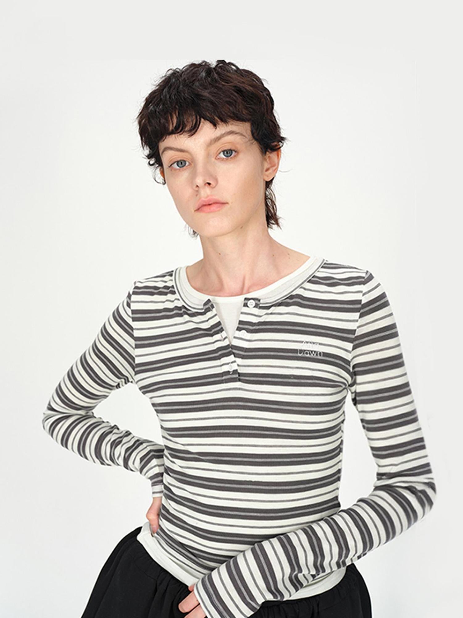 AFTADAWN Tencel Wool Henley Stripe Long Sleeve Top Brown Grey