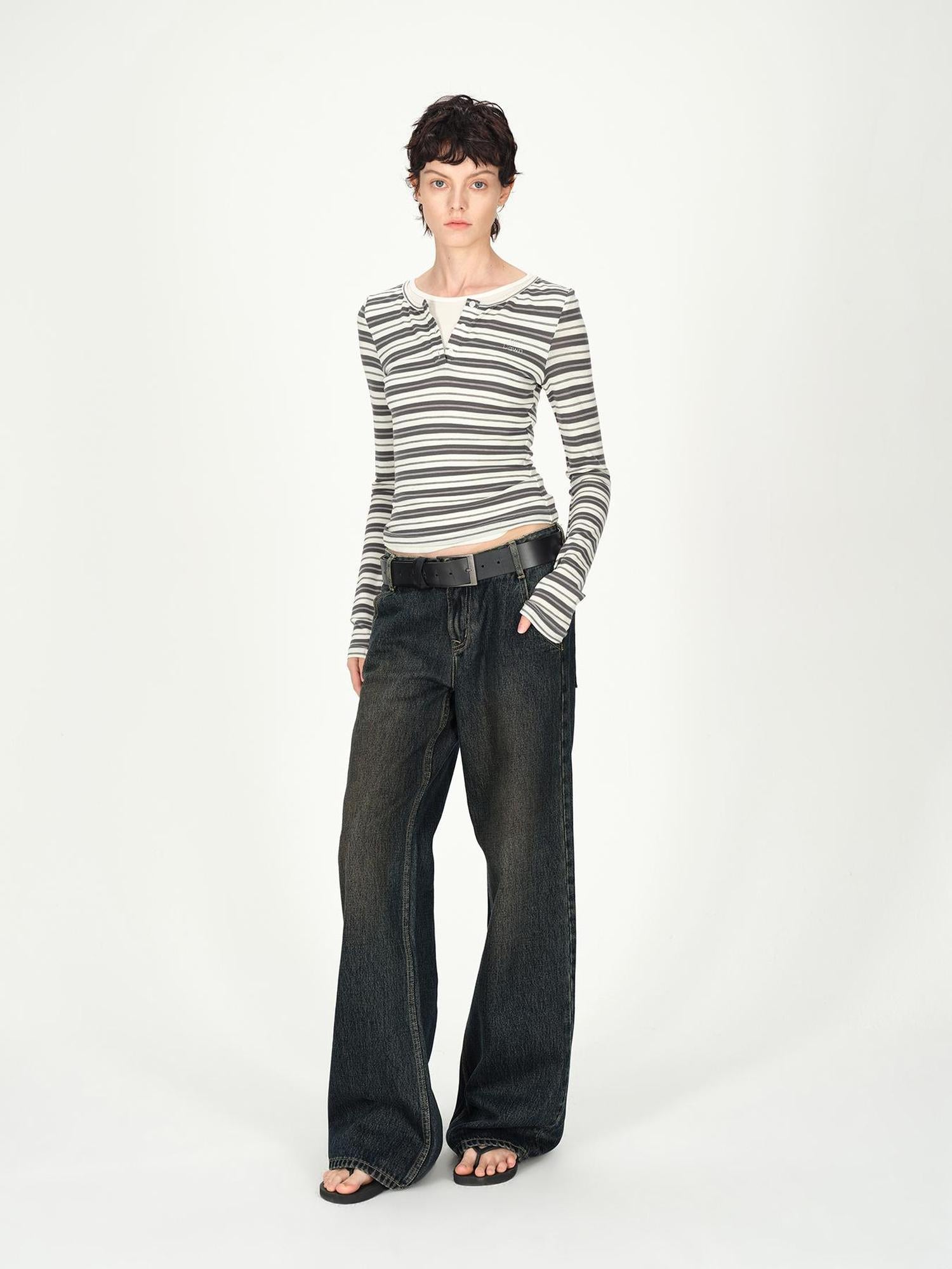 AFTADAWN Tencel Wool Henley Stripe Long Sleeve Top Brown Grey