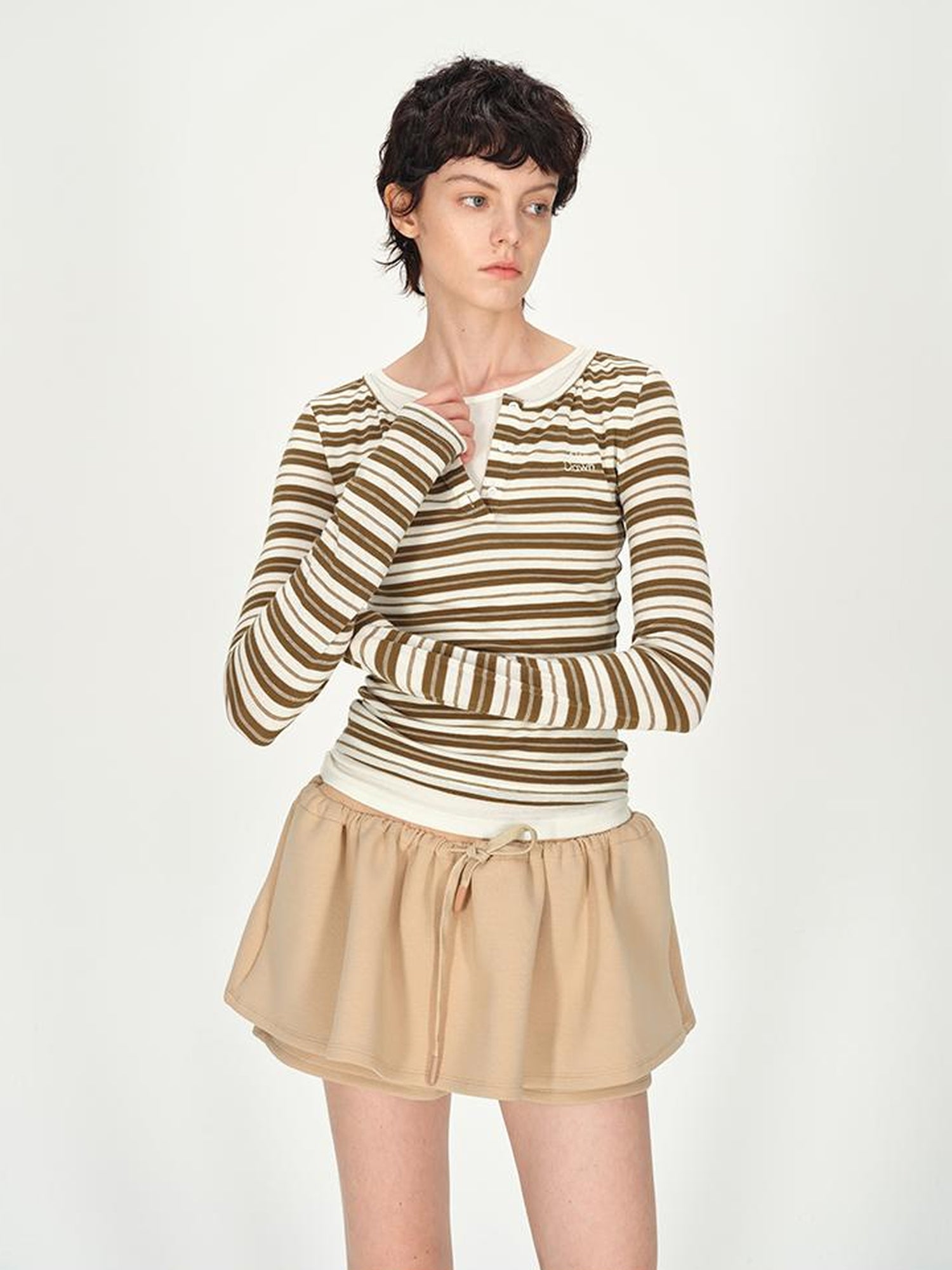AFTADAWN Tencel Wool Henley Stripe Long Sleeve Top Brown Grey