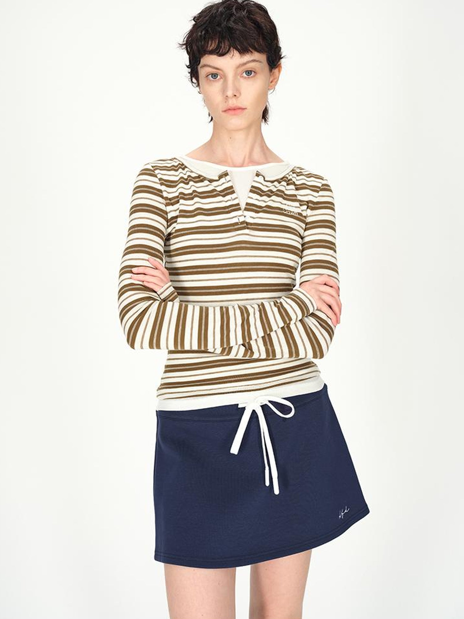 AFTADAWN Tencel Wool Henley Stripe Long Sleeve Top Brown Grey