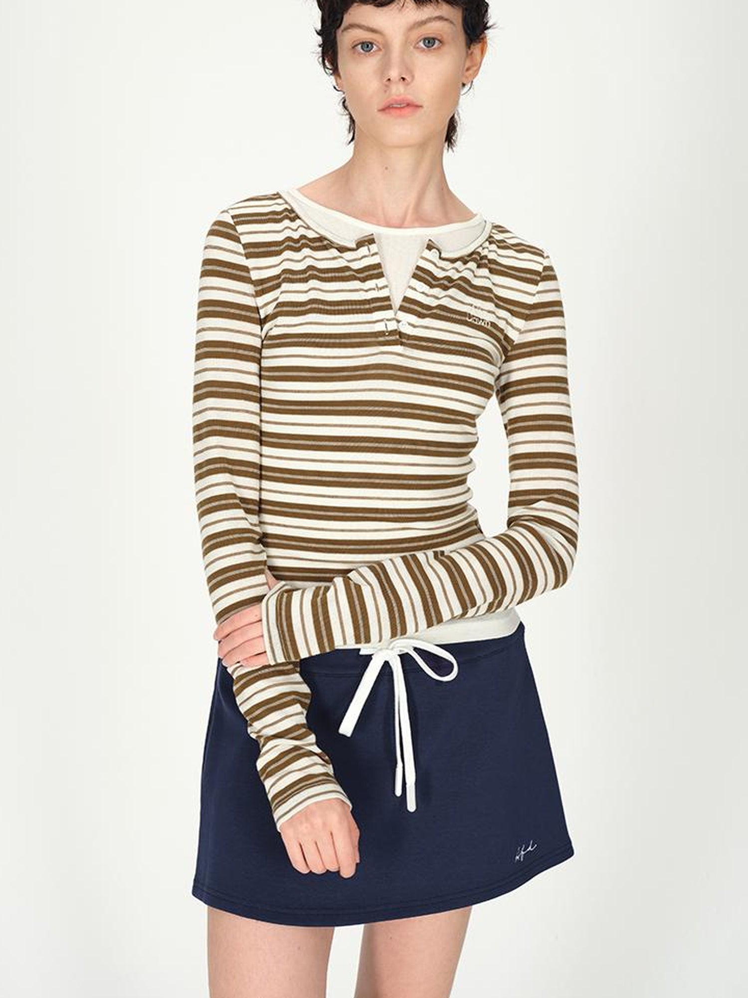AFTADAWN Tencel Wool Henley Stripe Long Sleeve Top Brown Grey