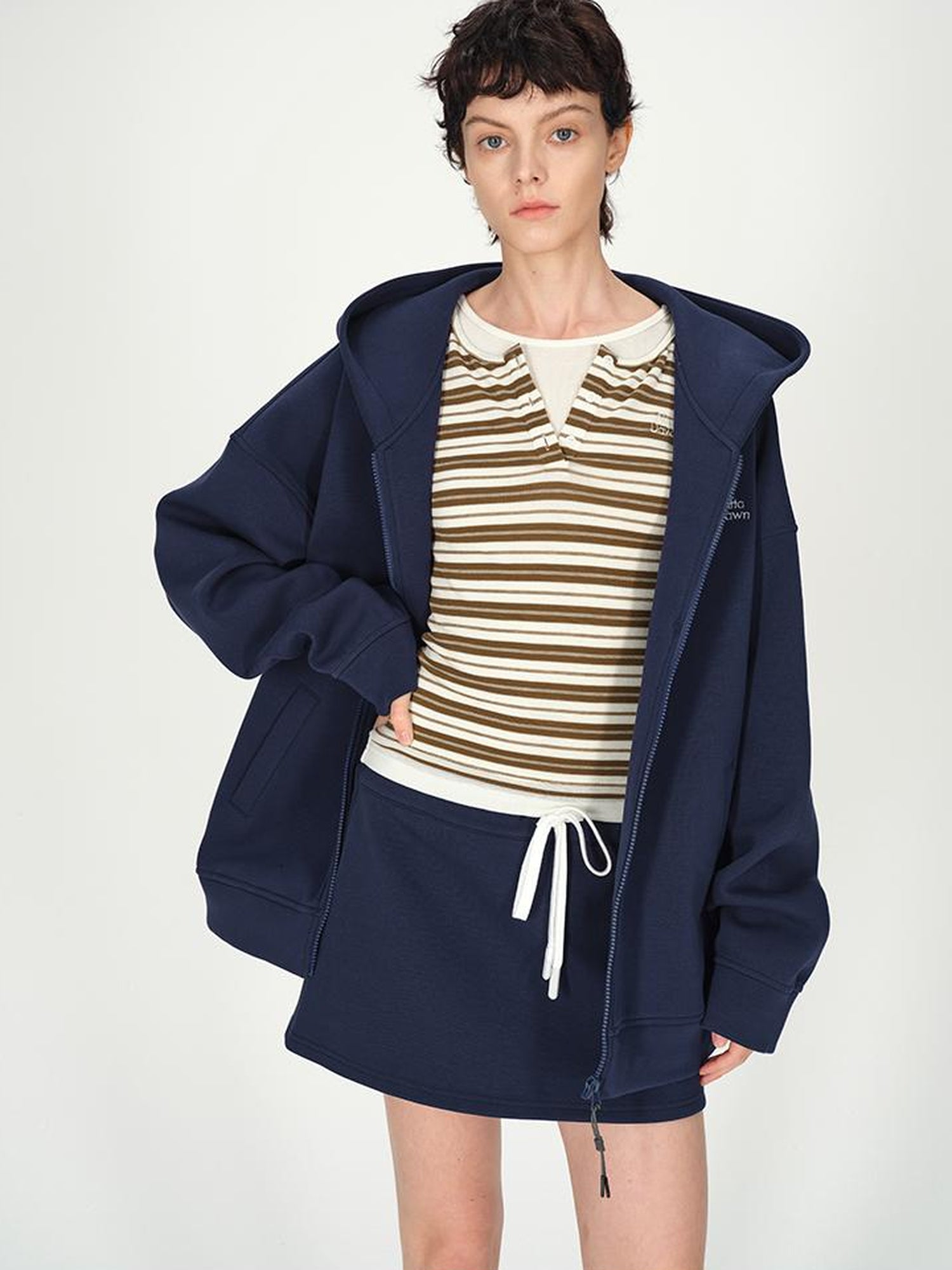 AFTADAWN Tencel Wool Henley Stripe Long Sleeve Top Brown Grey