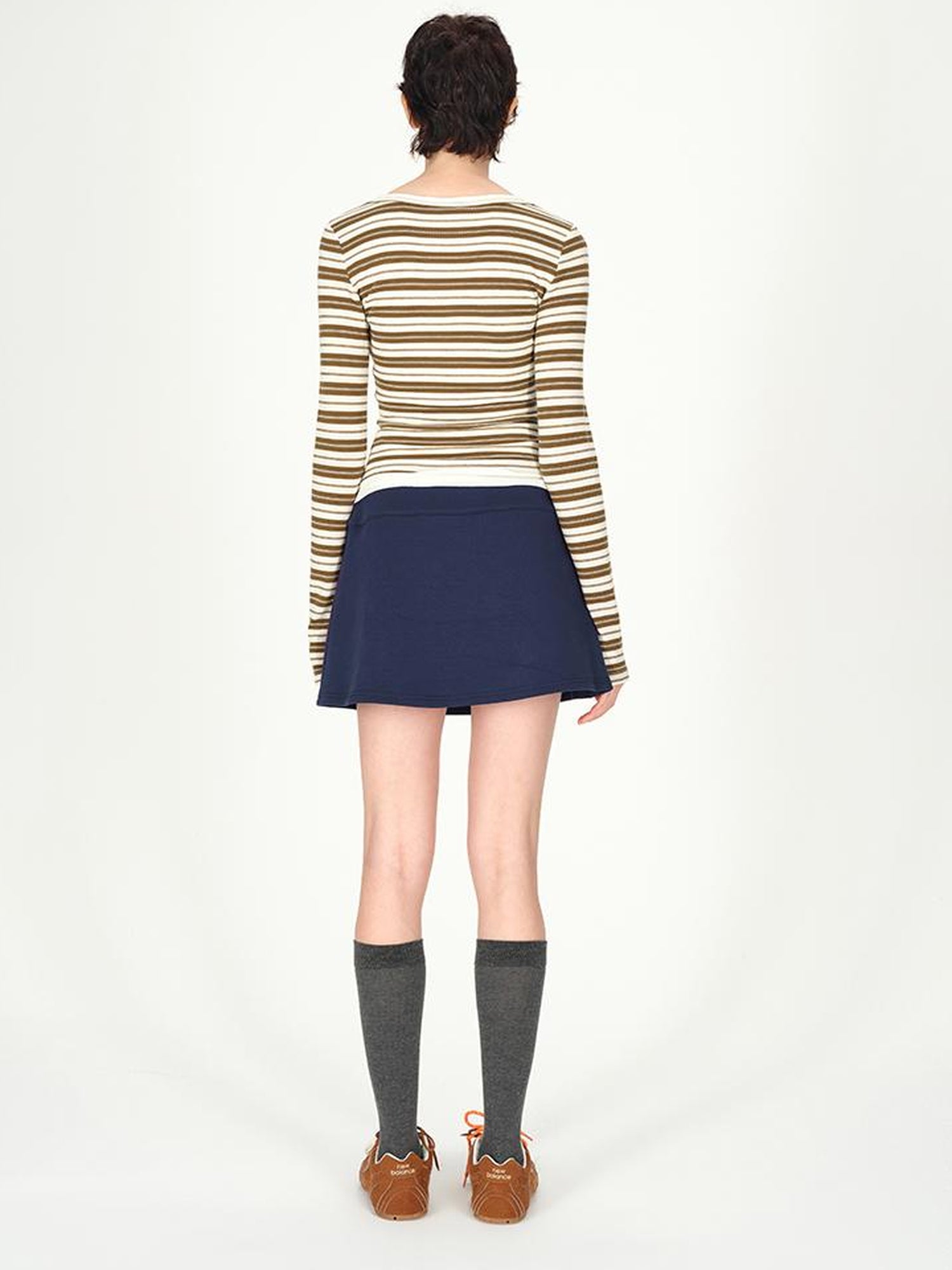 AFTADAWN Tencel Wool Henley Stripe Long Sleeve Top Brown Grey