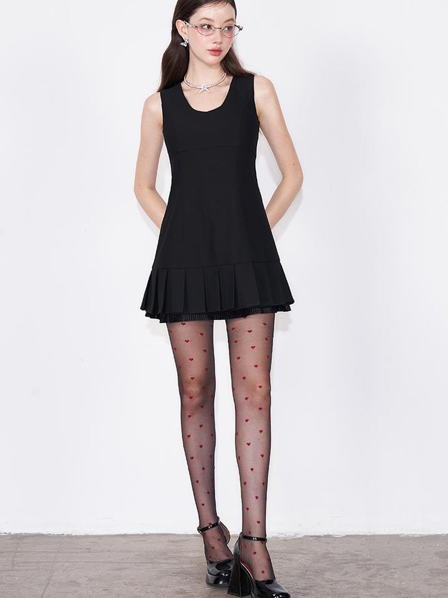 AFTADAWN Textured A Line Sleeveless Blazer Dress With Lace Trim