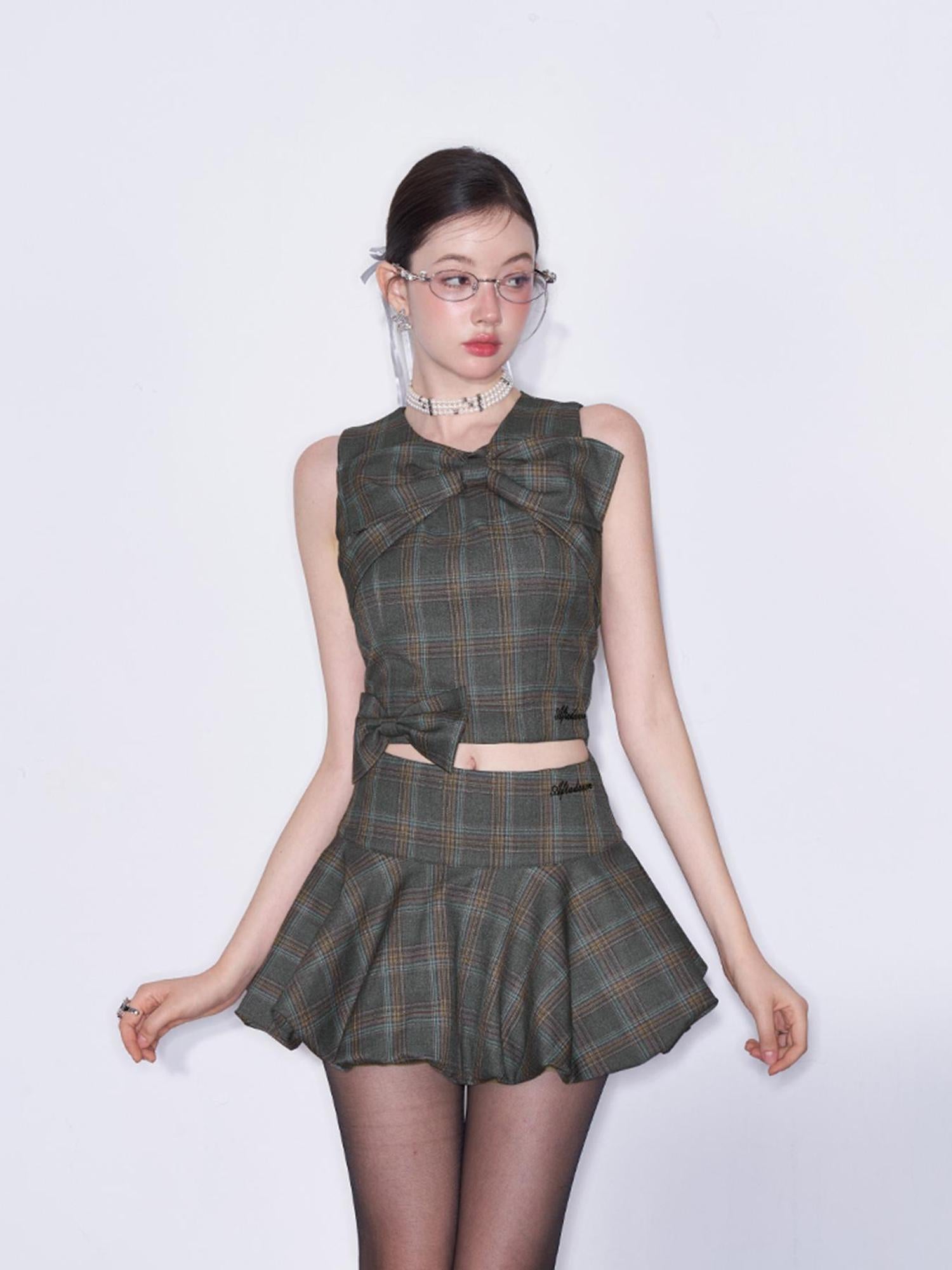 AFTADAWN Textured Bow Checkered Bustier Top And Bud Mini Skirt Set