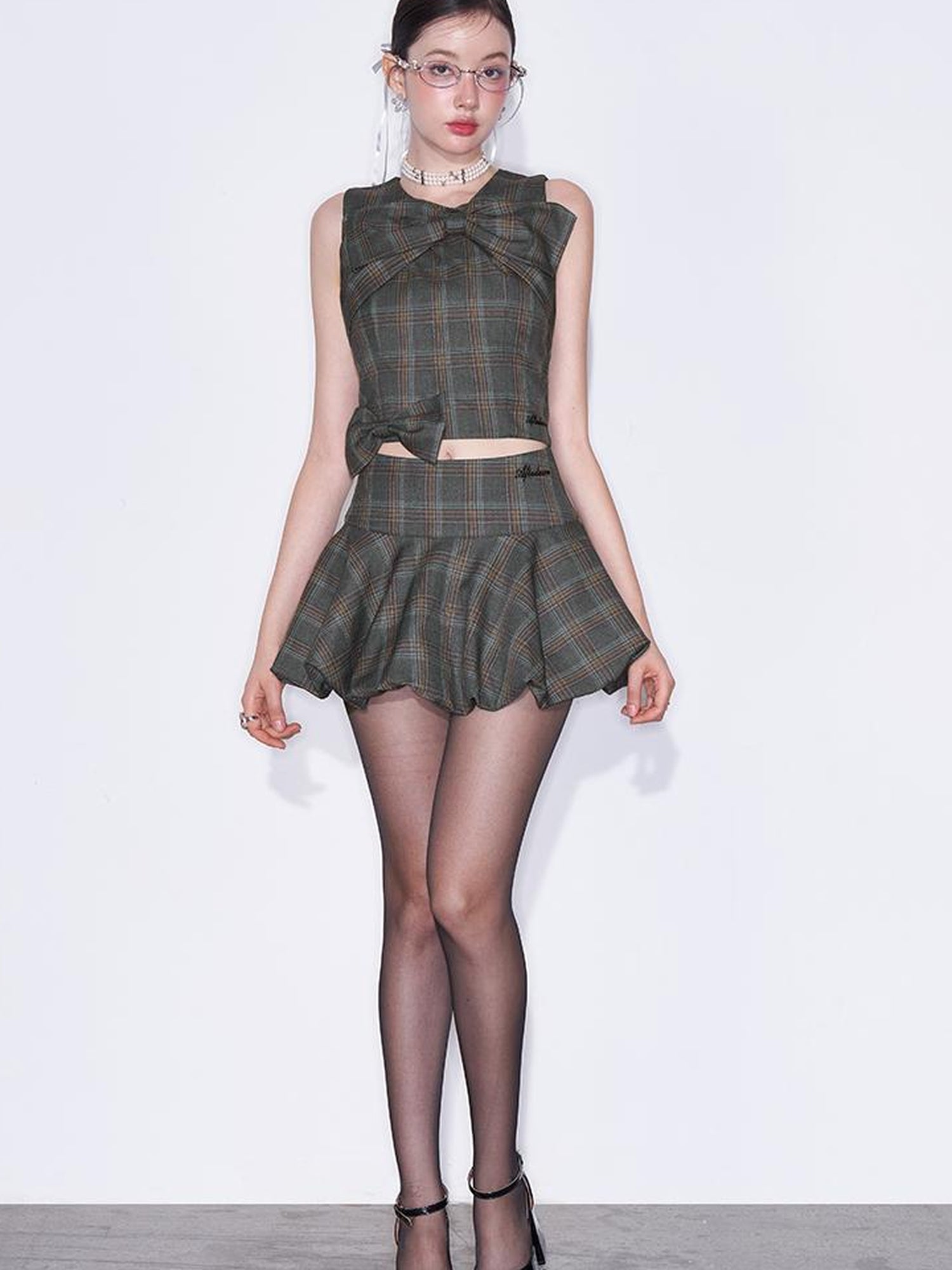 AFTADAWN Textured Bow Checkered Bustier Top And Bud Mini Skirt Set