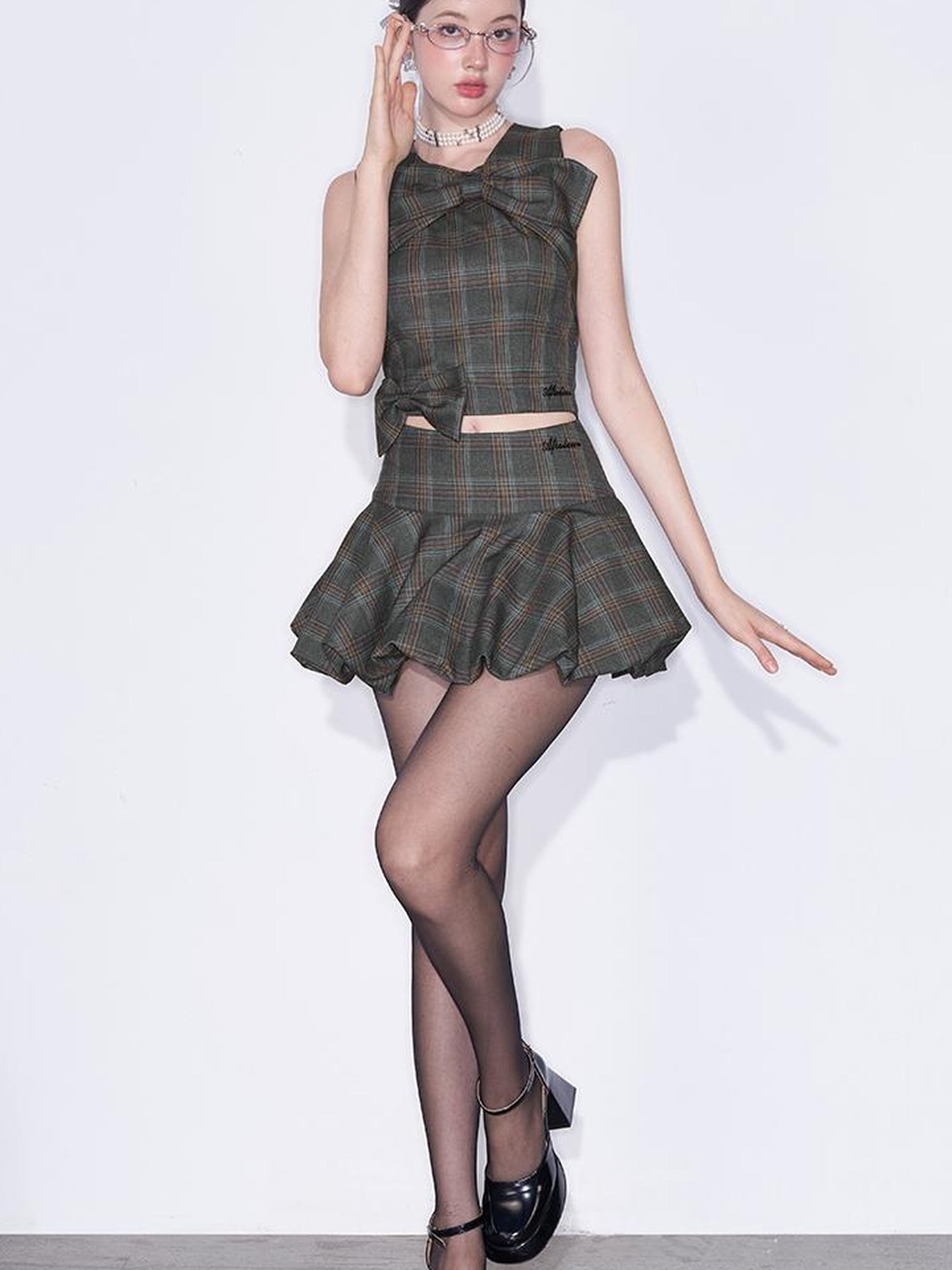 AFTADAWN Textured Bow Checkered Bustier Top And Bud Mini Skirt Set