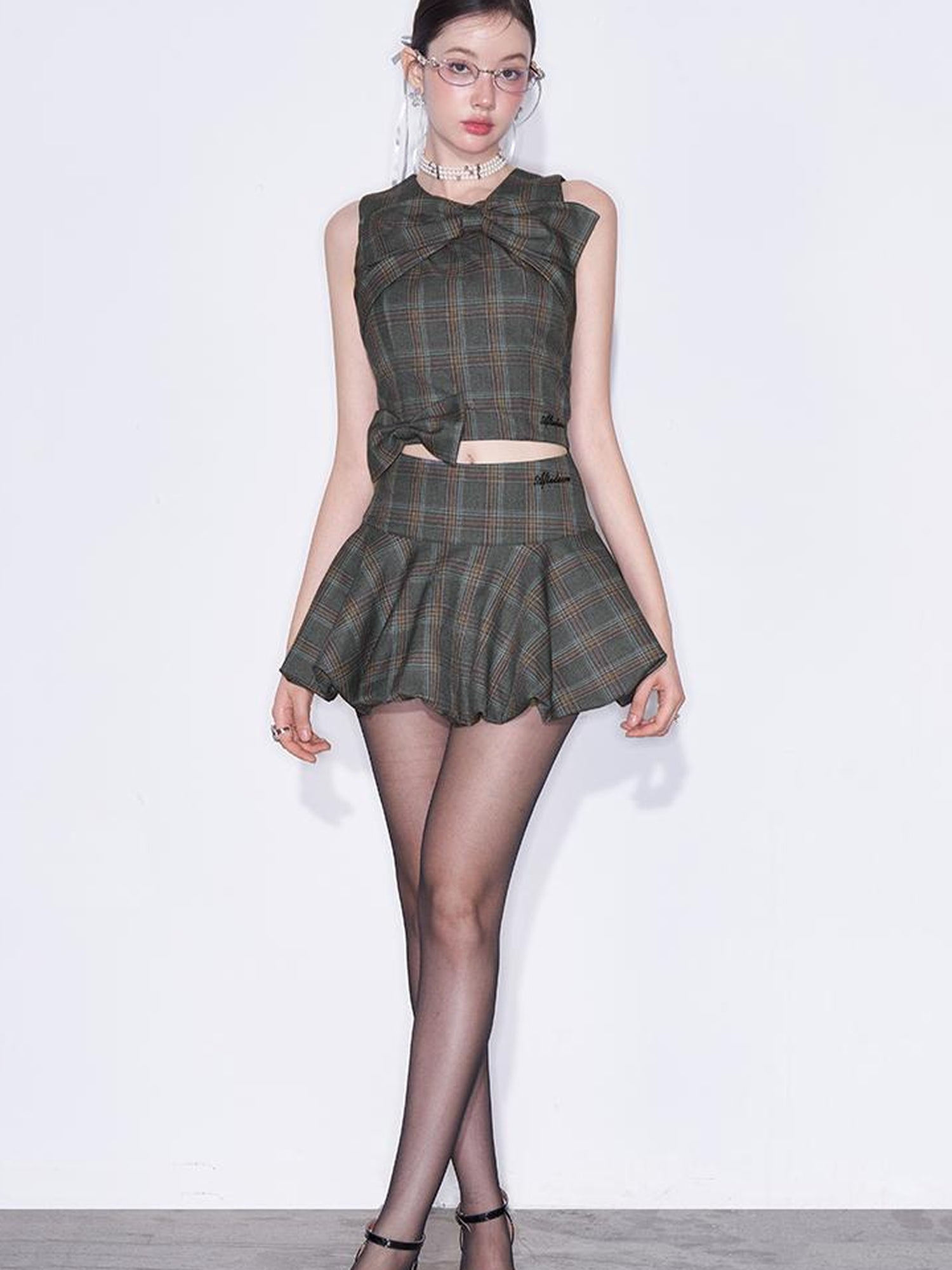 AFTADAWN Textured Bow Checkered Bustier Top And Bud Mini Skirt Set