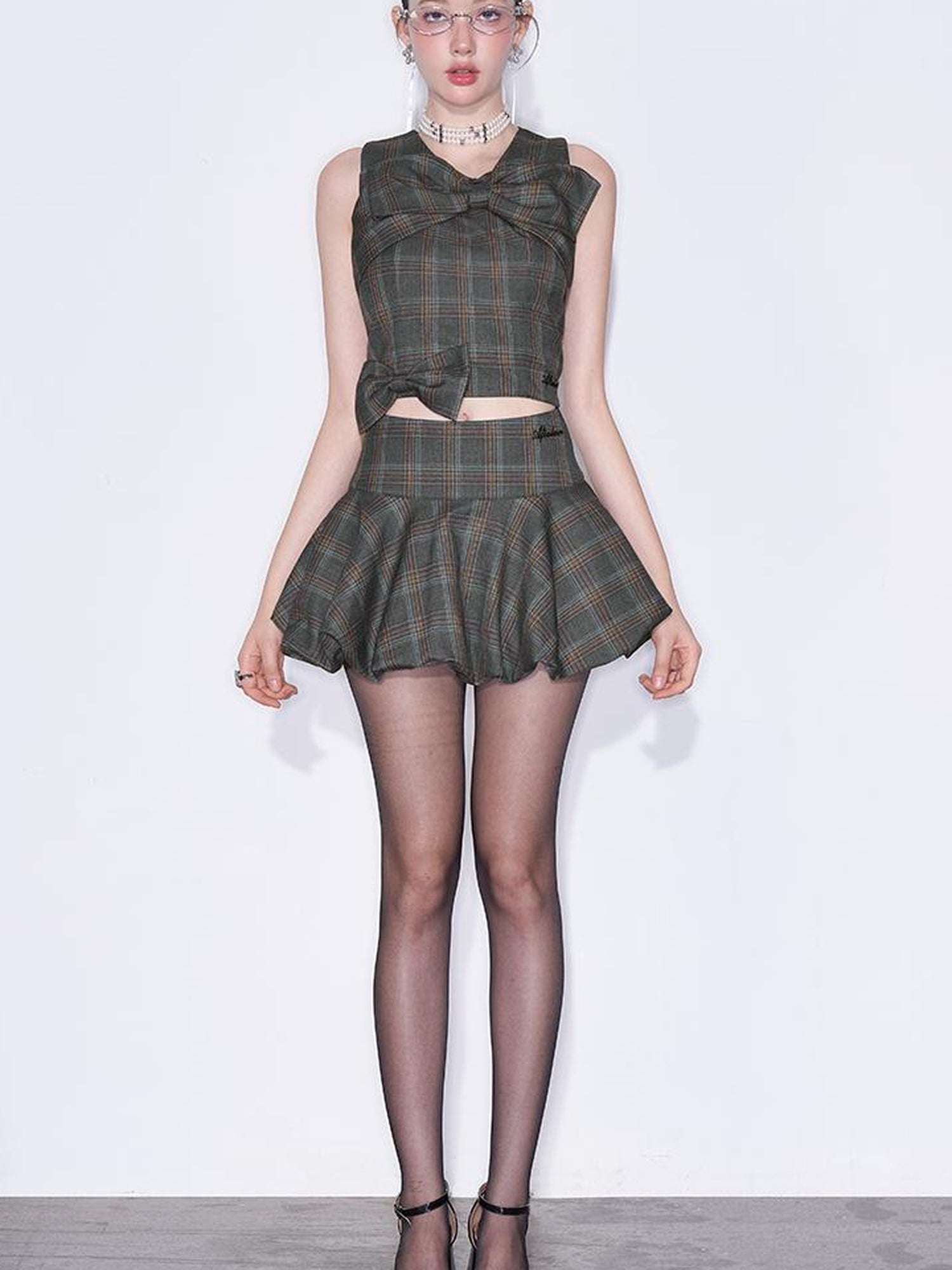 AFTADAWN Textured Bow Checkered Bustier Top And Bud Mini Skirt Set