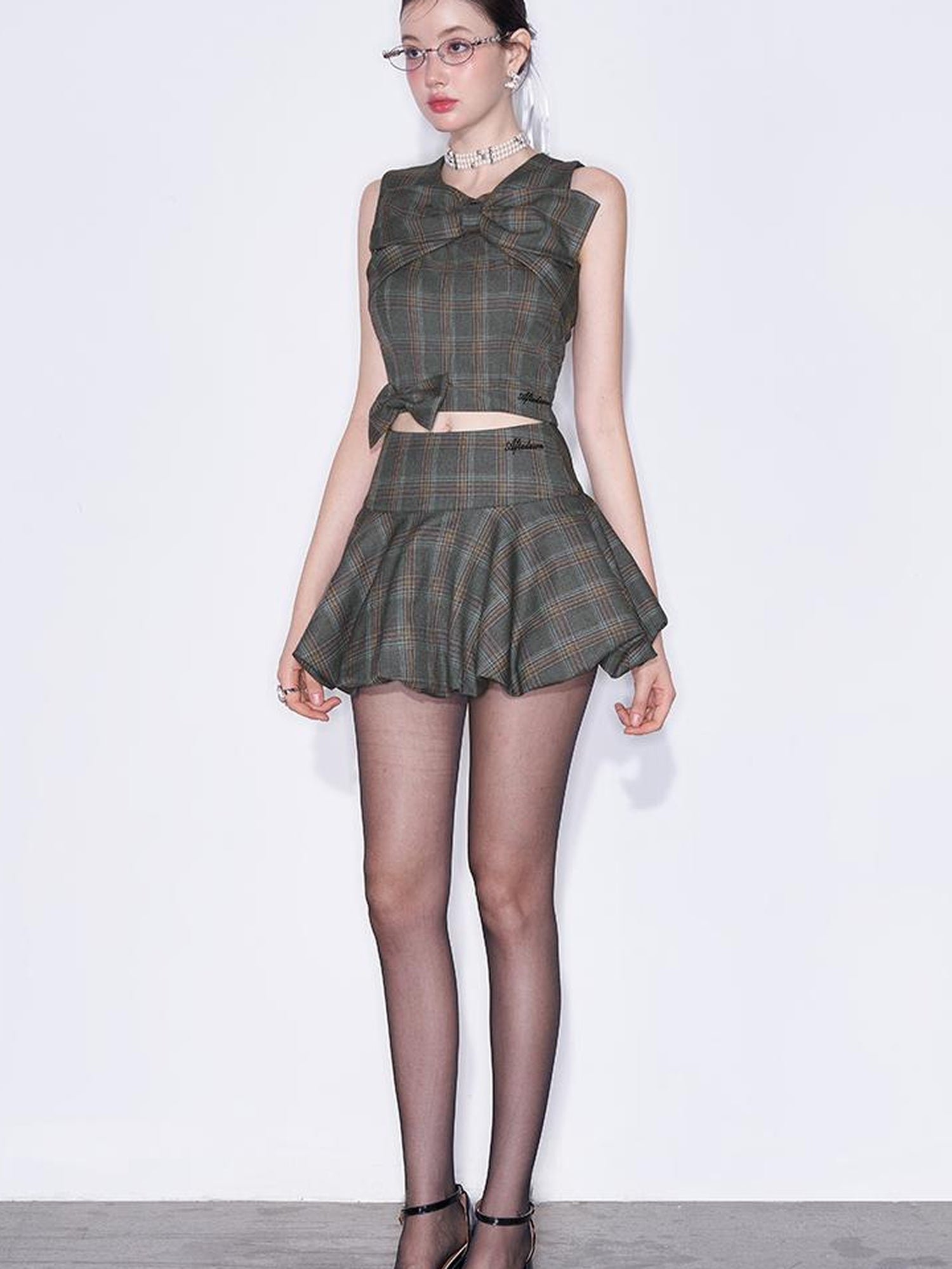 AFTADAWN Textured Bow Checkered Bustier Top And Bud Mini Skirt Set