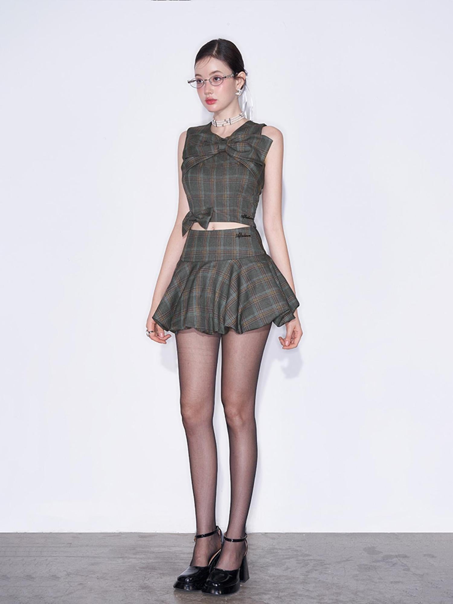 AFTADAWN Textured Bow Checkered Bustier Top And Bud Mini Skirt Set