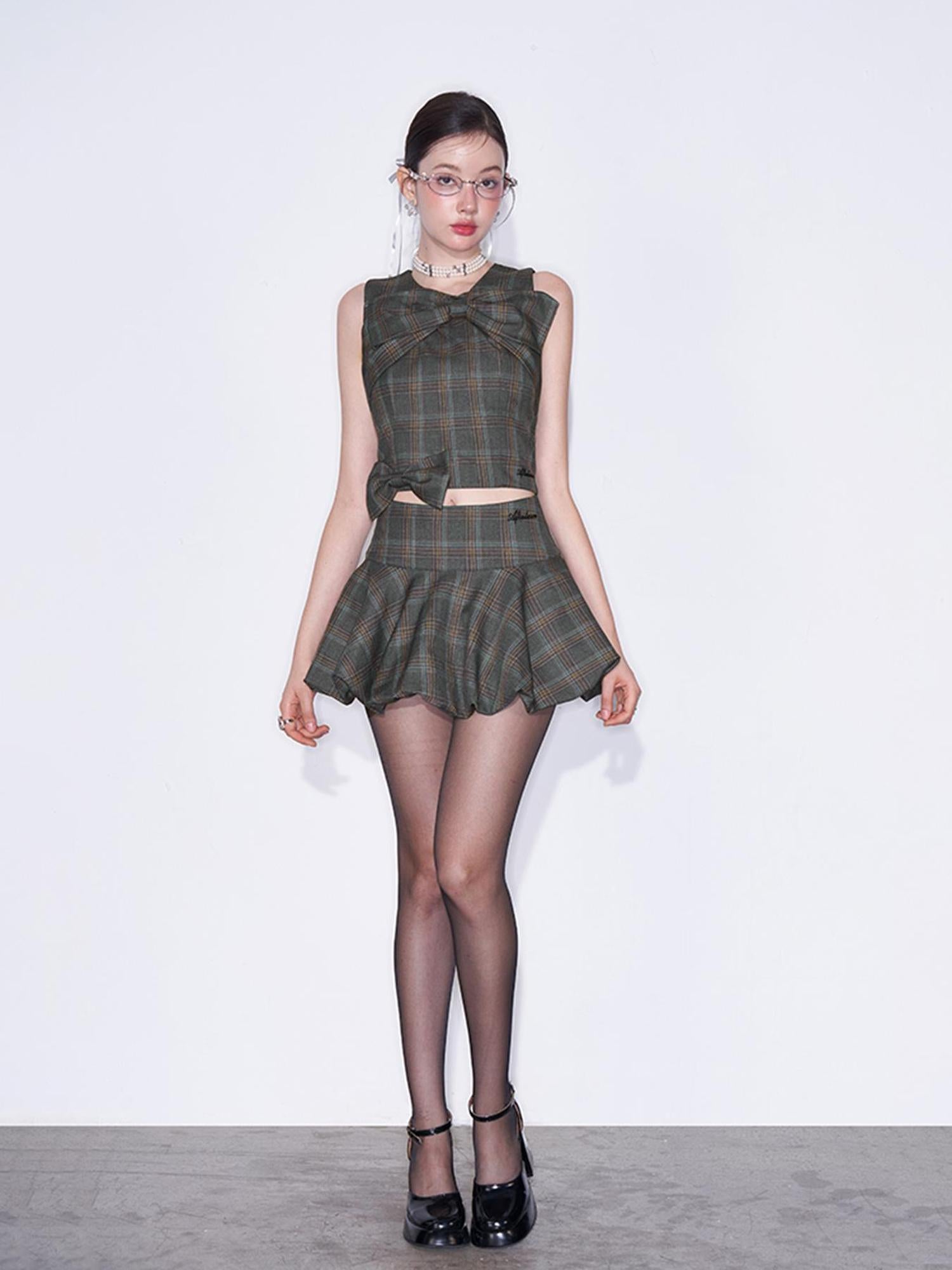 AFTADAWN Textured Bow Checkered Bustier Top And Bud Mini Skirt Set