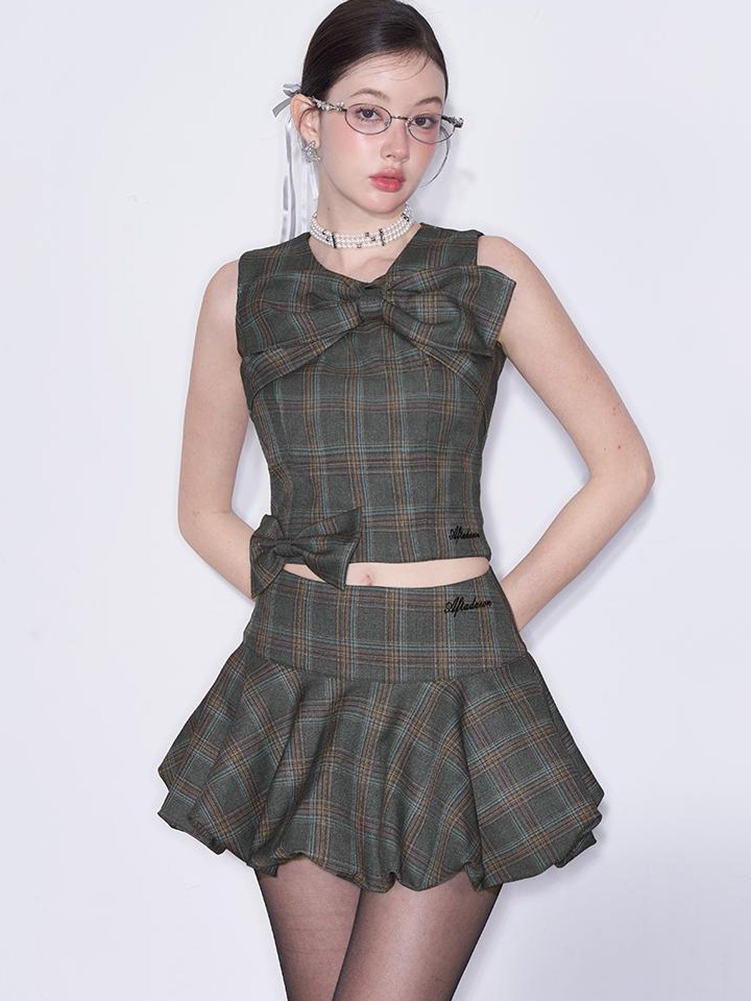 AFTADAWN Textured Bow Checkered Bustier Top And Bud Mini Skirt Set