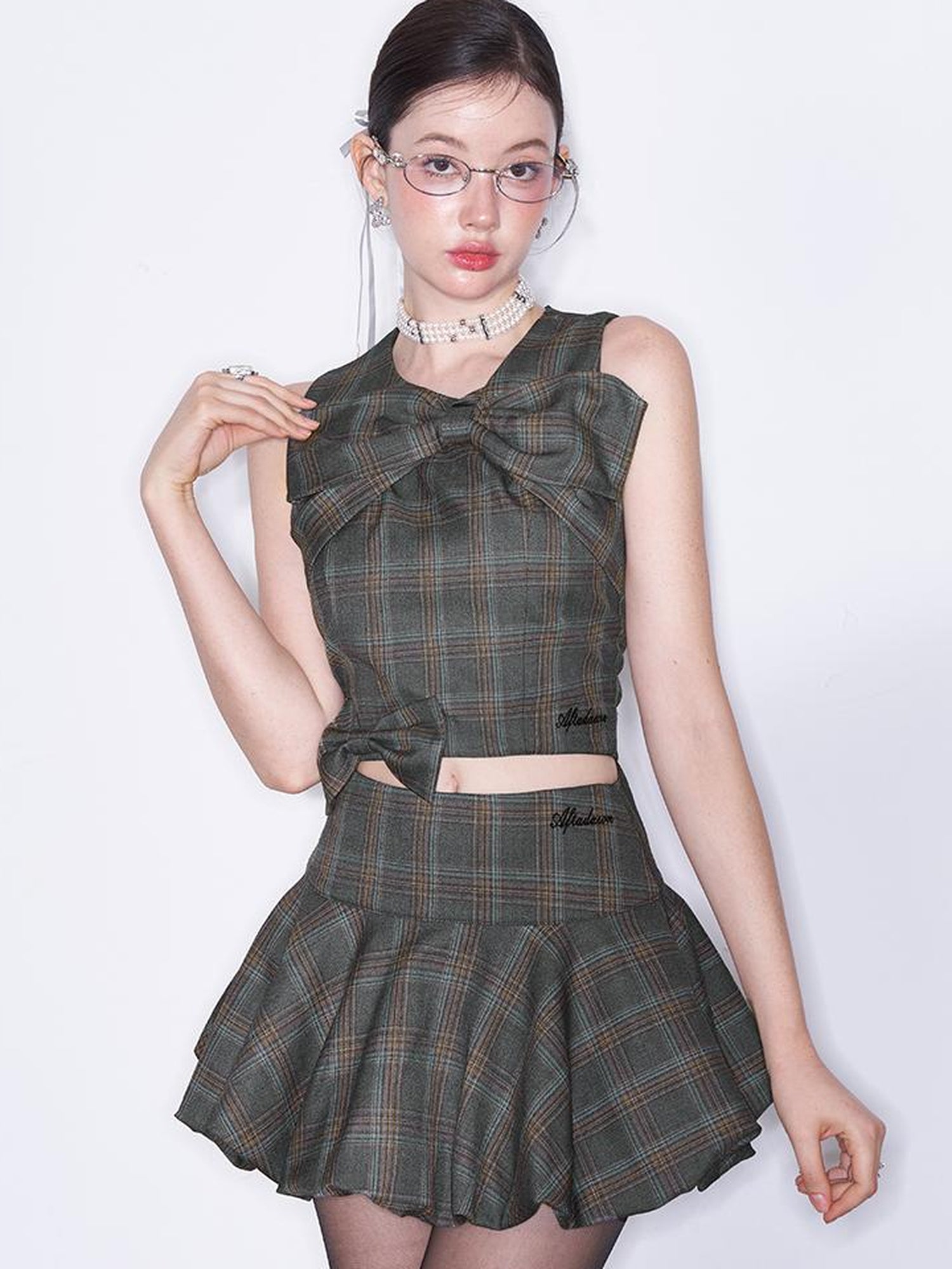 AFTADAWN Textured Bow Checkered Bustier Top And Bud Mini Skirt Set