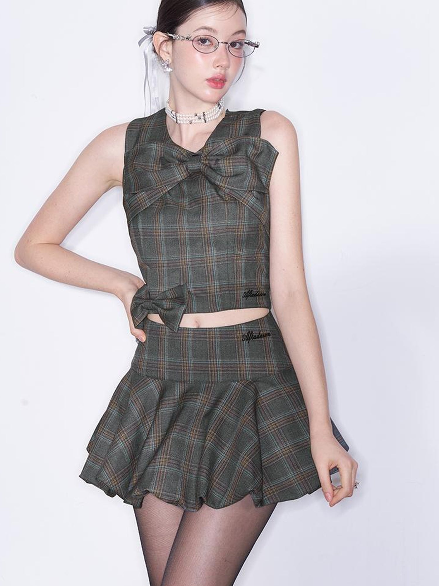 AFTADAWN Textured Bow Checkered Bustier Top And Bud Mini Skirt Set