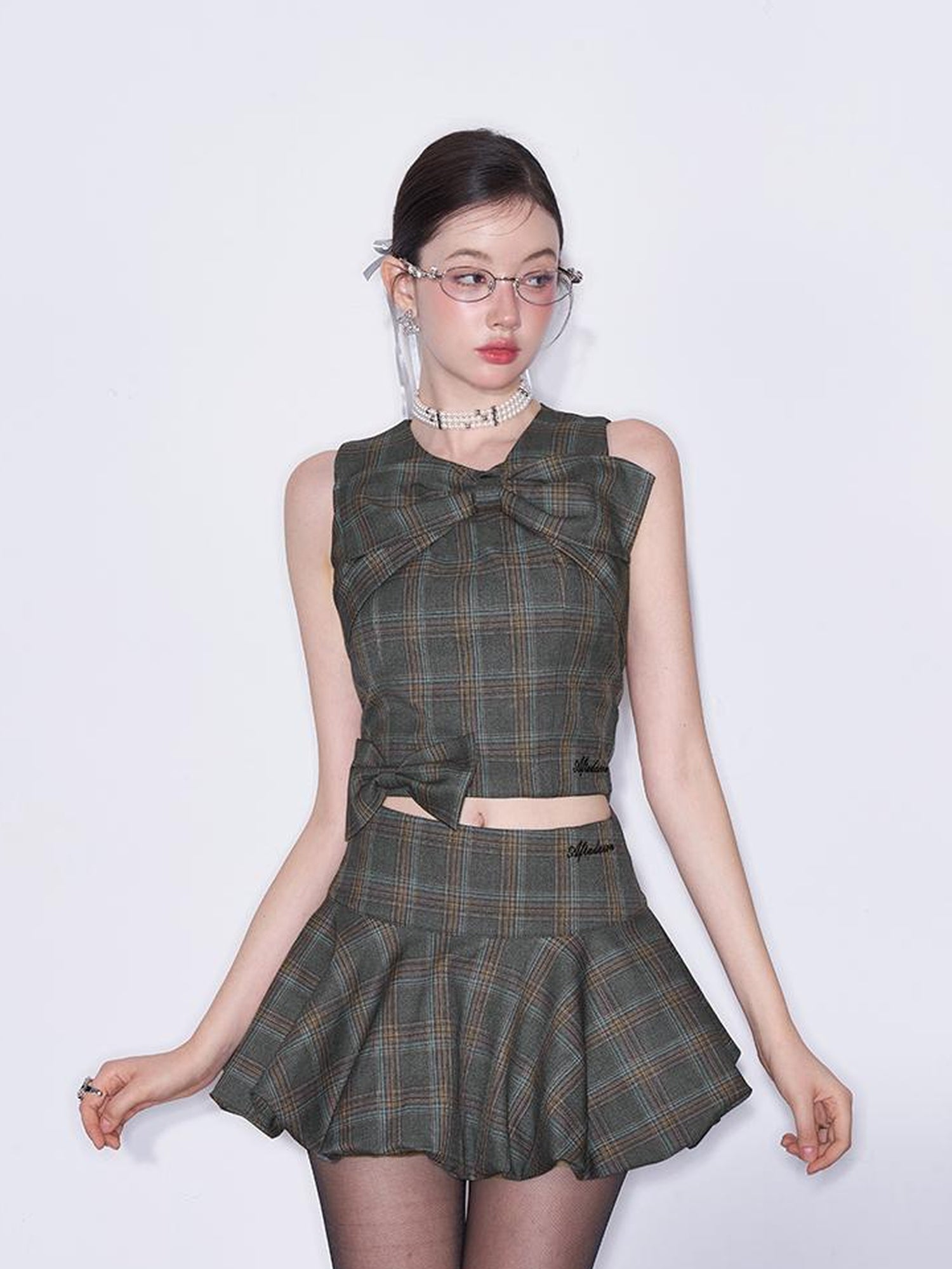 AFTADAWN Textured Bow Checkered Bustier Top And Bud Mini Skirt Set