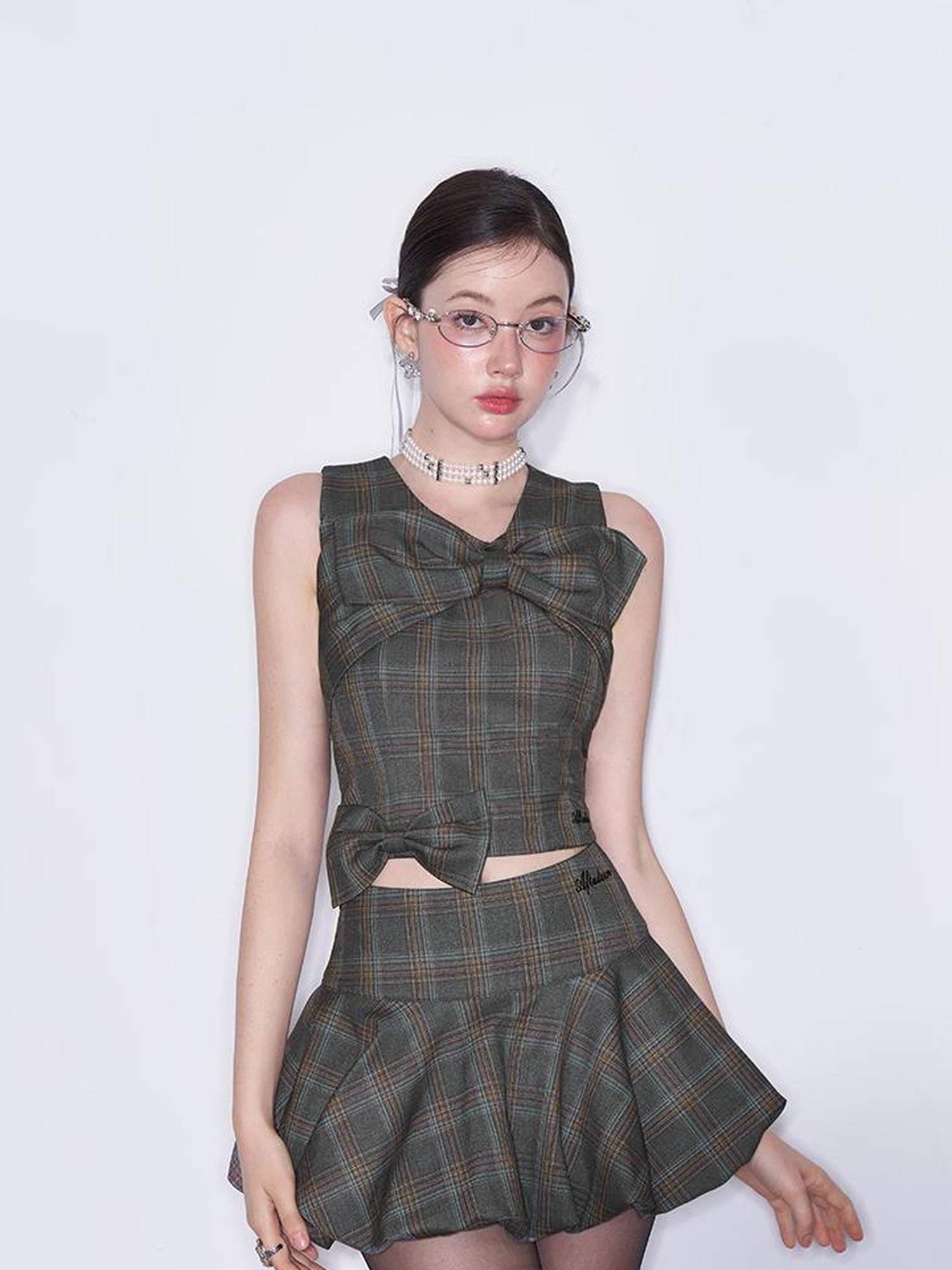 AFTADAWN Textured Bow Checkered Bustier Top And Bud Mini Skirt Set
