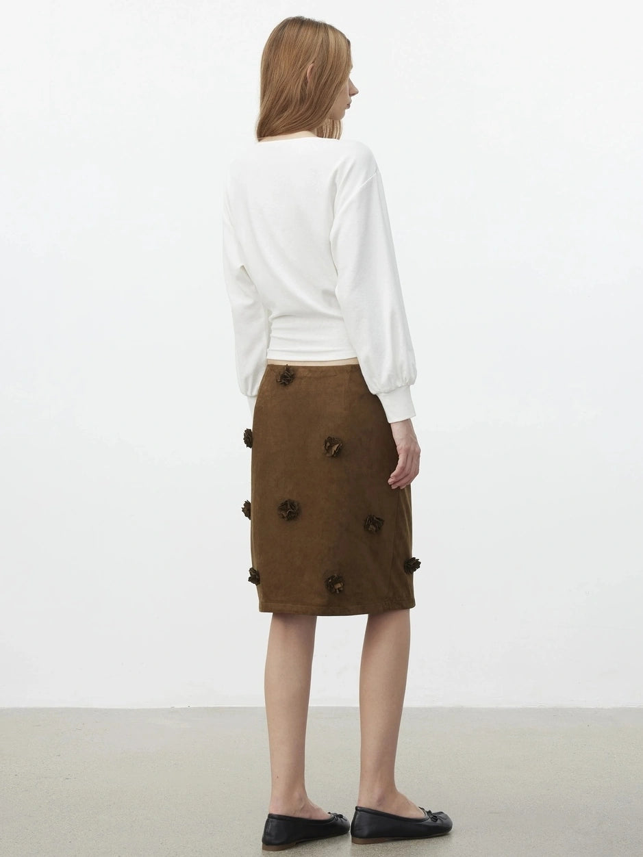 AFTADAWN Textured Brown Floral Embossed Midi Skirt Skirt