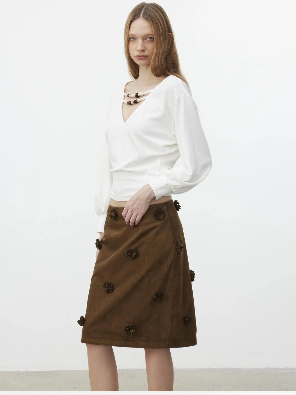 AFTADAWN Textured Brown Floral Embossed Midi Skirt Skirt