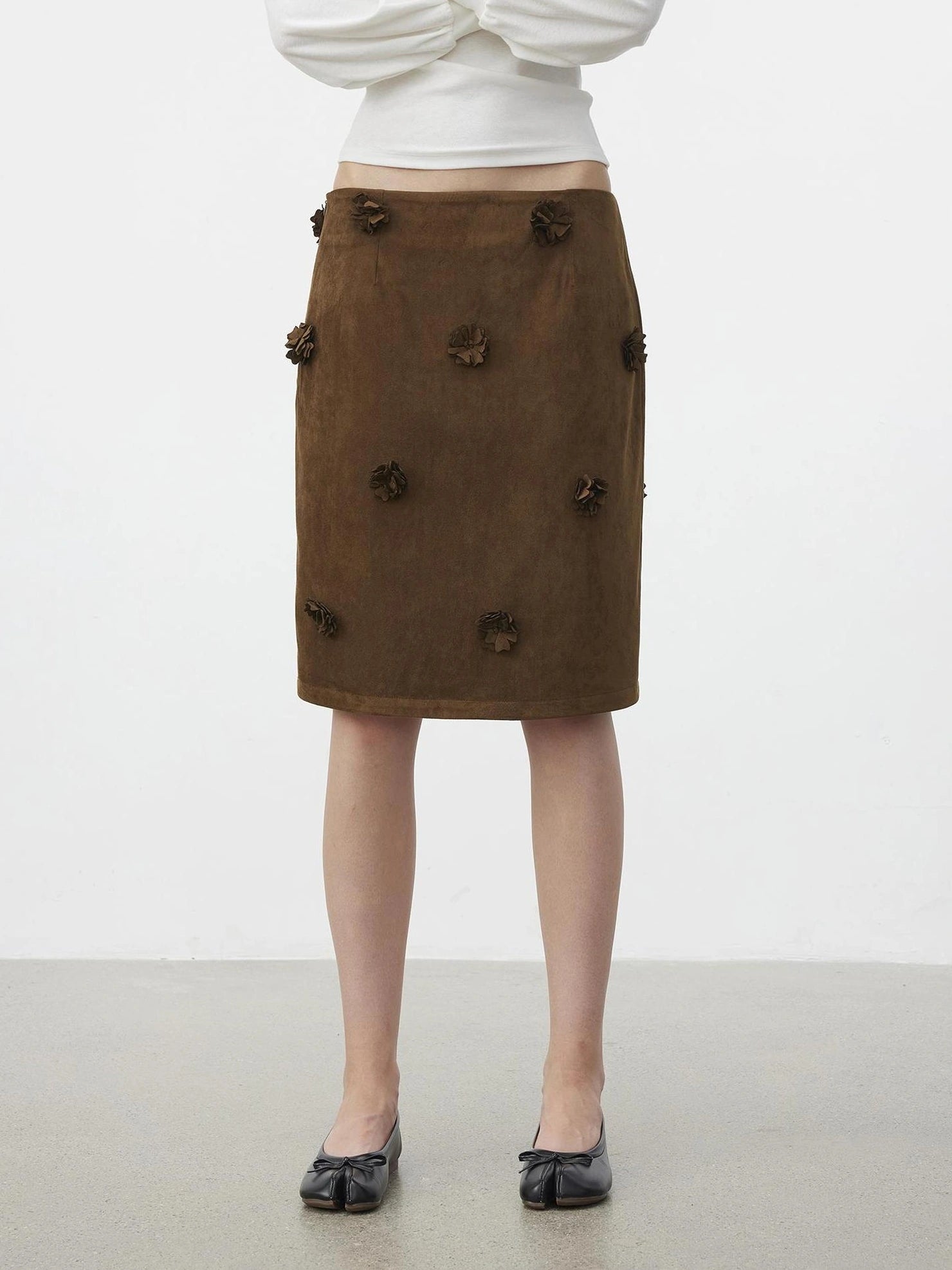 AFTADAWN Textured Brown Floral Embossed Midi Skirt Skirt
