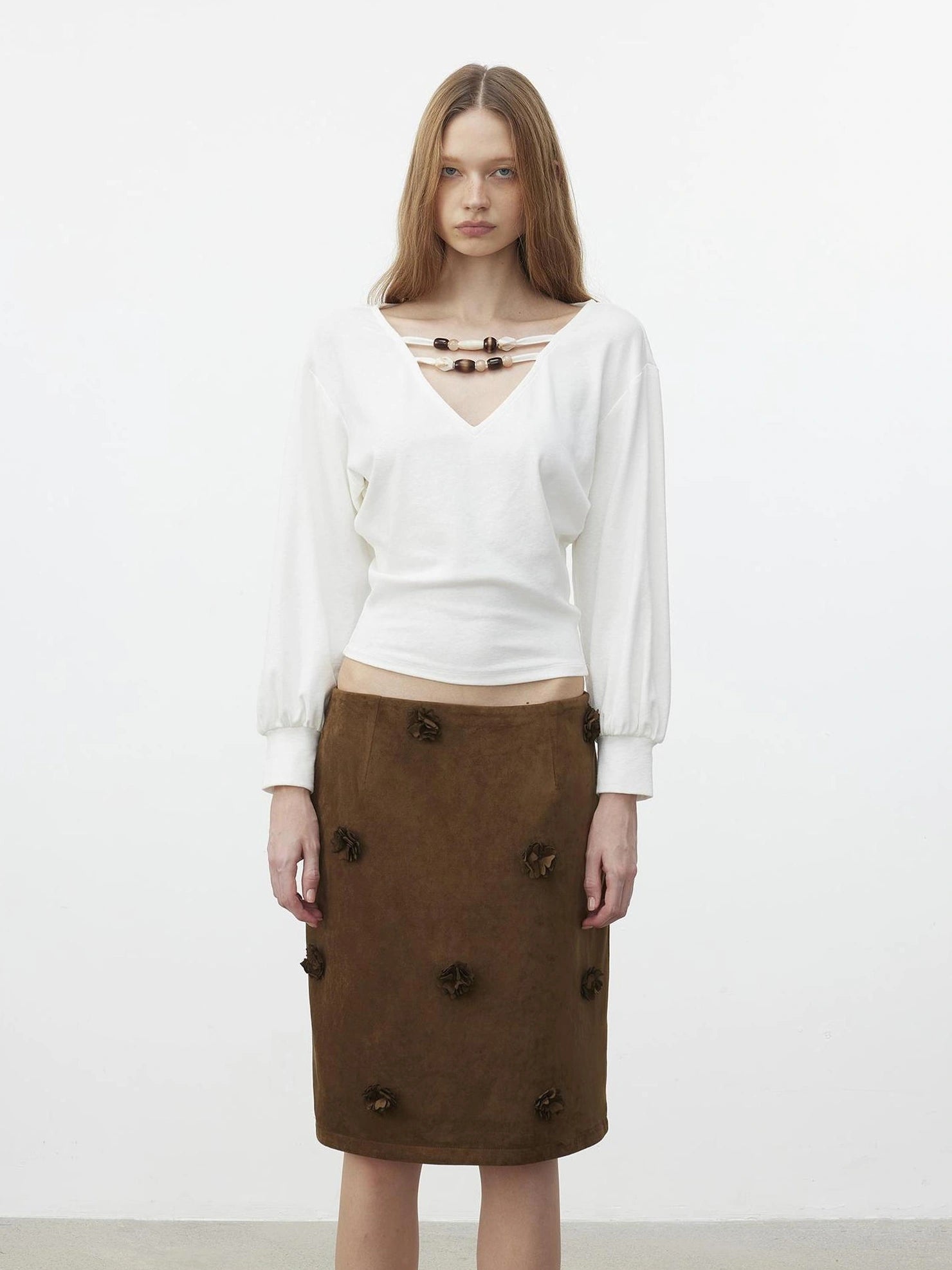 AFTADAWN Textured Brown Floral Embossed Midi Skirt Skirt
