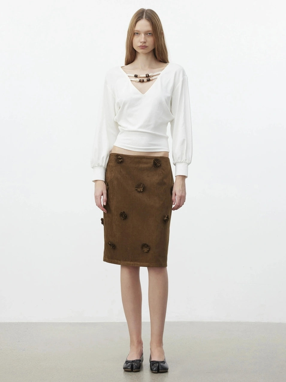 AFTADAWN Textured Brown Floral Embossed Midi Skirt Skirt