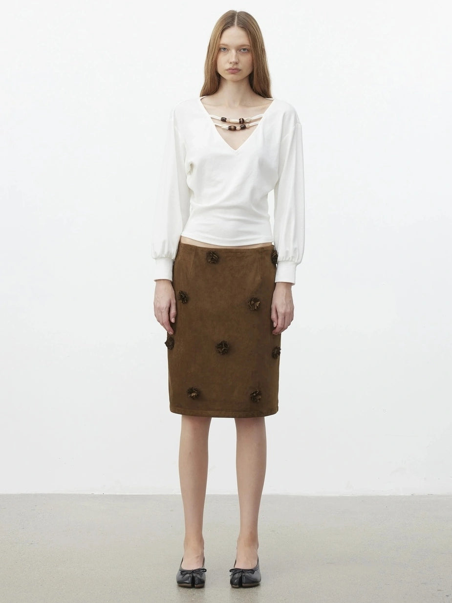 AFTADAWN Textured Brown Floral Embossed Midi Skirt Skirt