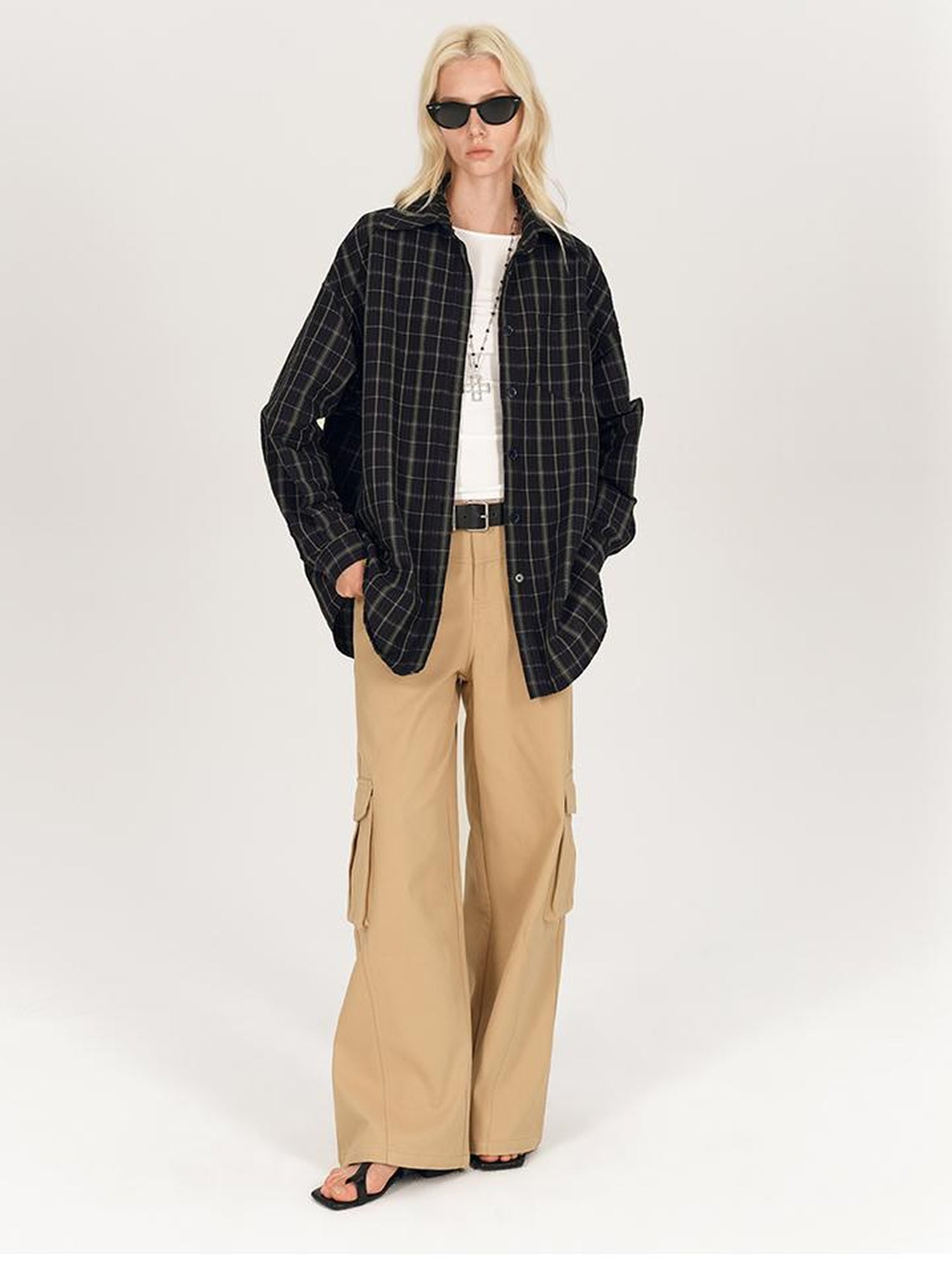 AFTADAWN Textured Check Long Sleeve Shirt With Spread Collar And Relaxed Fit