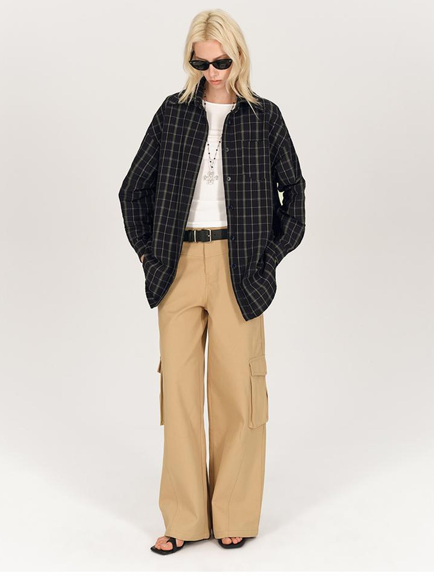 AFTADAWN Textured Check Long Sleeve Shirt With Spread Collar And Relaxed Fit