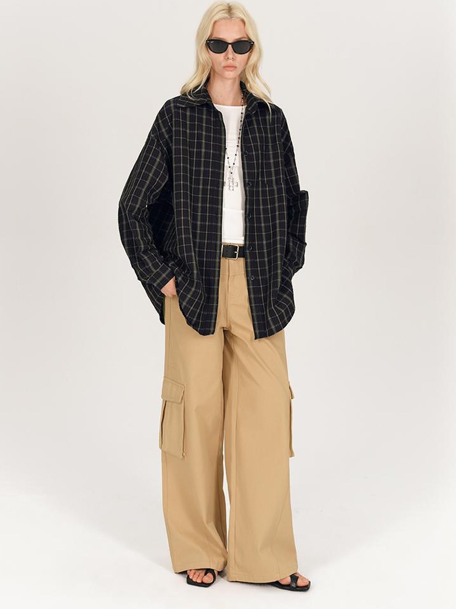 AFTADAWN Textured Check Long Sleeve Shirt With Spread Collar And Relaxed Fit