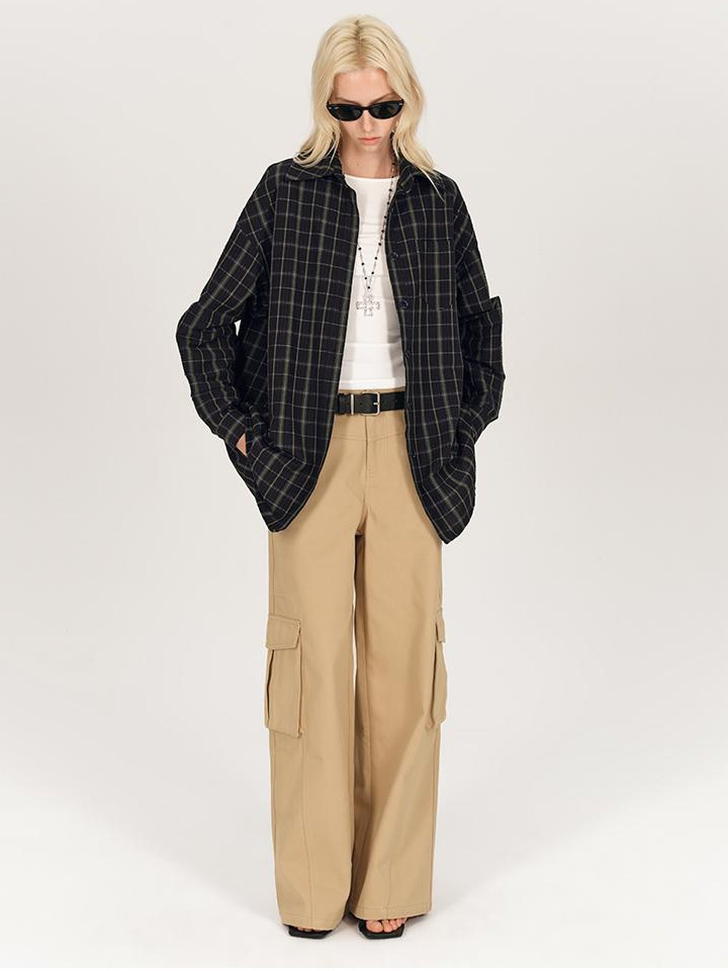 AFTADAWN Textured Check Long Sleeve Shirt With Spread Collar And Relaxed Fit