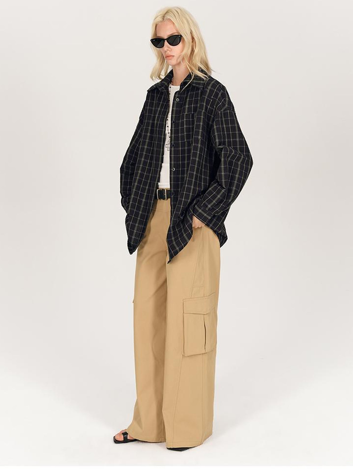 AFTADAWN Textured Check Long Sleeve Shirt With Spread Collar And Relaxed Fit