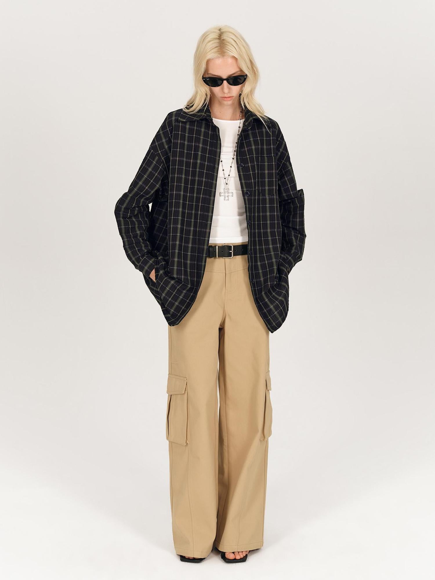 AFTADAWN Textured Check Long Sleeve Shirt With Spread Collar And Relaxed Fit