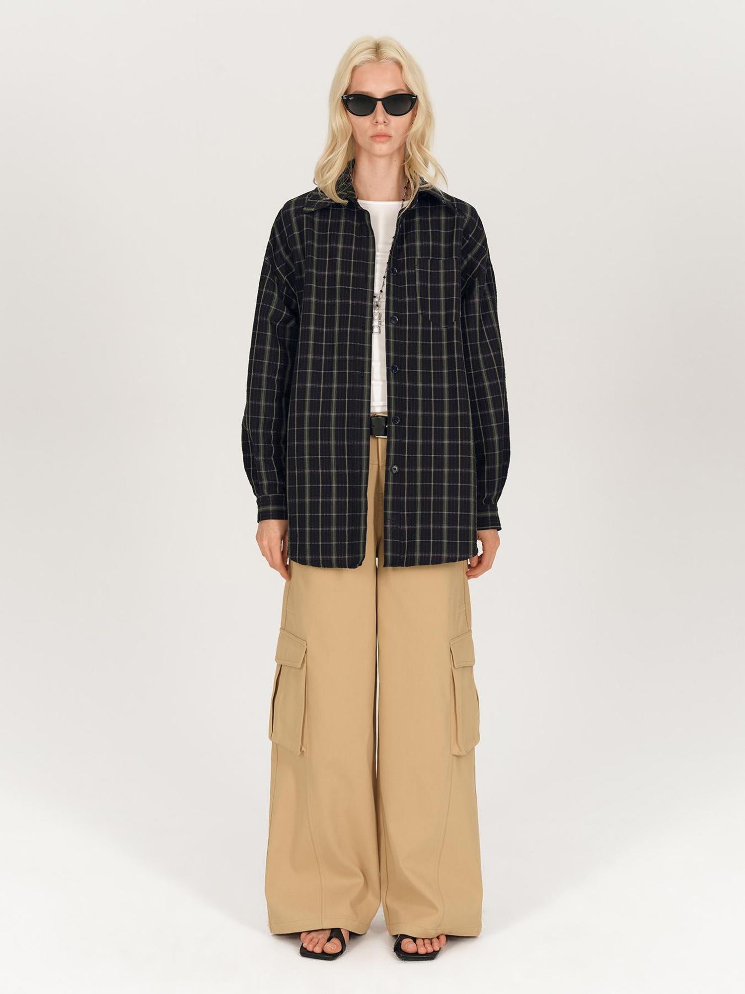 AFTADAWN Textured Check Long Sleeve Shirt With Spread Collar And Relaxed Fit