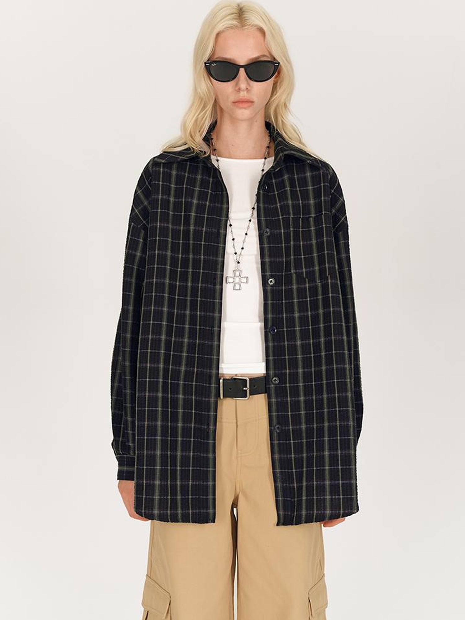 AFTADAWN Textured Check Long Sleeve Shirt With Spread Collar And Relaxed Fit