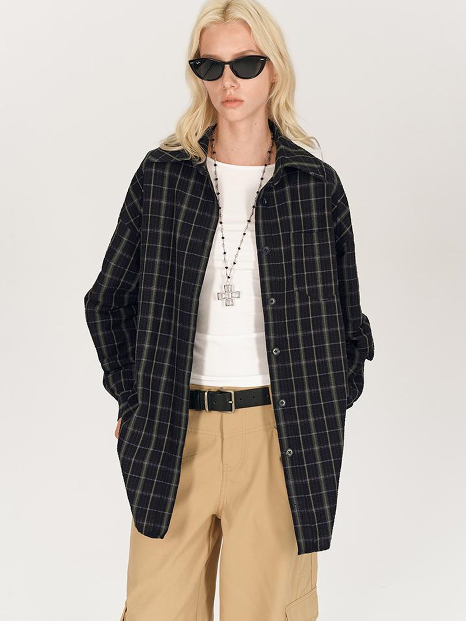 AFTADAWN Textured Check Long Sleeve Shirt With Spread Collar And Relaxed Fit