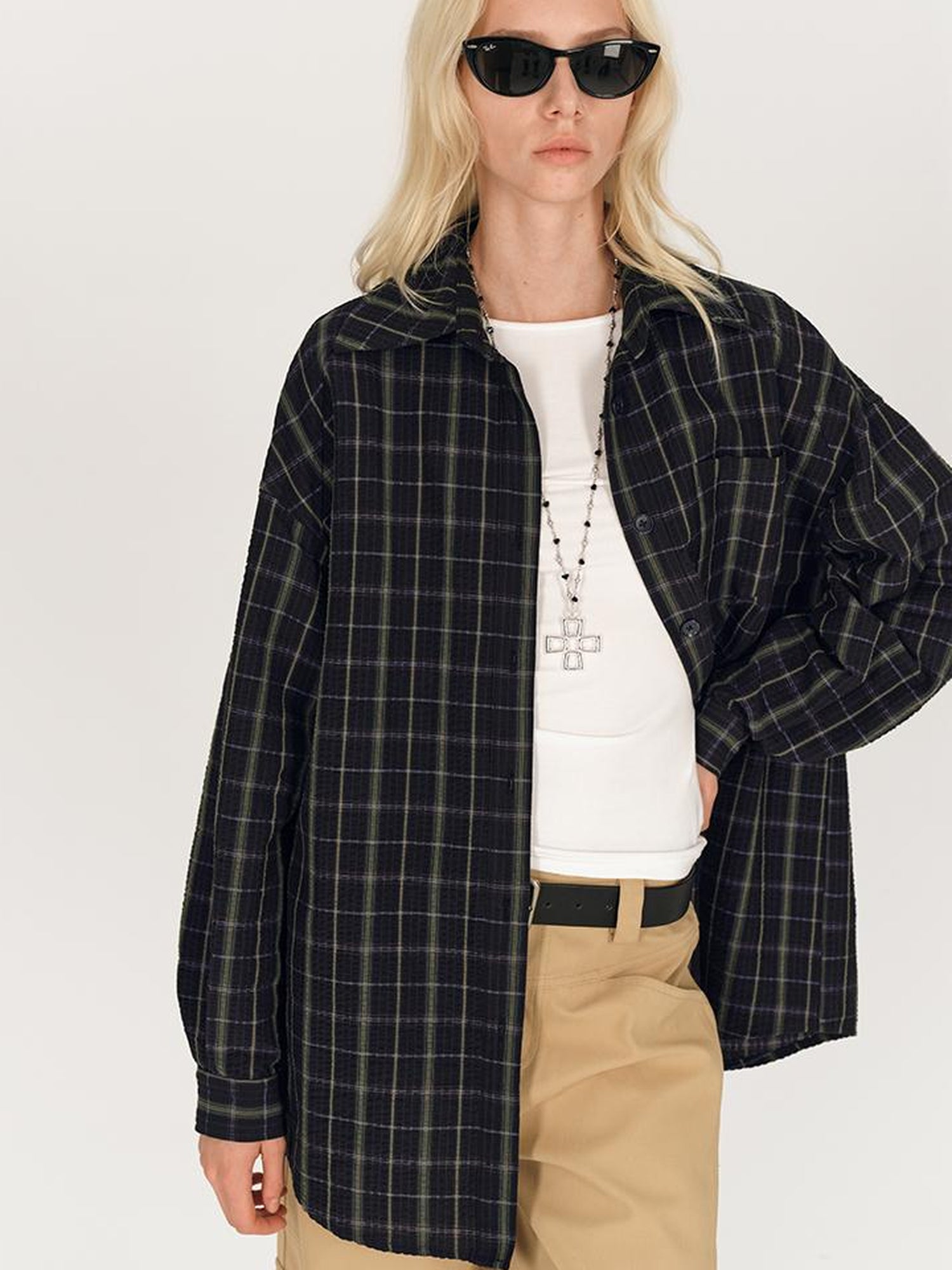 AFTADAWN Textured Check Long Sleeve Shirt With Spread Collar And Relaxed Fit